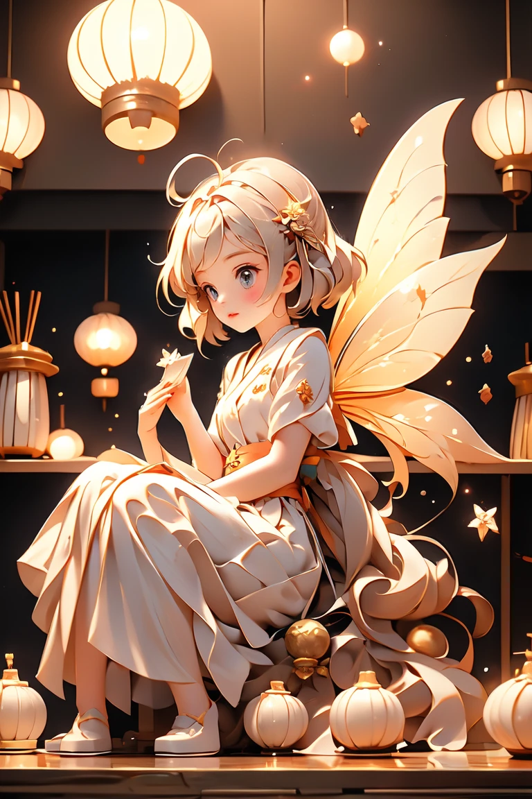 A fairy girl with small wings on her back、Sculpture of a book praying for dagashi at a Japanese dagashi shop after closing。complex and dynamic、Cinematic --chaos 20 --style raw --stylize 350 --v 6.0 --ar 1:1