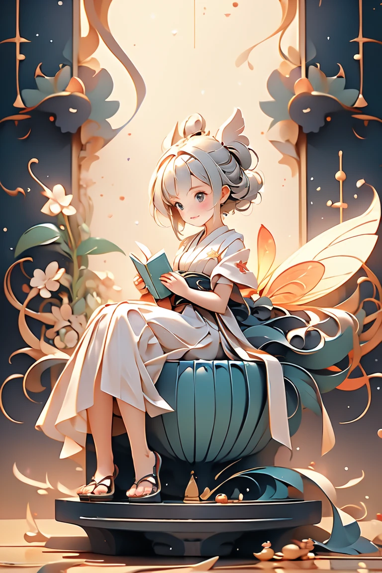A fairy girl with small wings on her back、Sculpture of a book praying for dagashi at a Japanese dagashi shop after closing。complex and dynamic、Cinematic --chaos 20 --style raw --stylize 350 --v 6.0 --ar 1:1