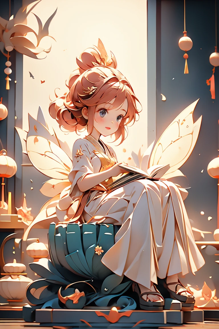 A fairy girl with small wings on her back、Sculpture of a book praying for dagashi at a Japanese dagashi shop after closing。complex and dynamic、Cinematic --chaos 20 --style raw --stylize 350 --v 6.0 --ar 1:1