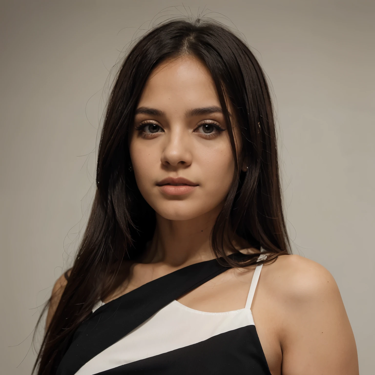 Cabello blanco, ojos rojos no tan fuertes, piel Blanca y lleva un vestido negro con escote
