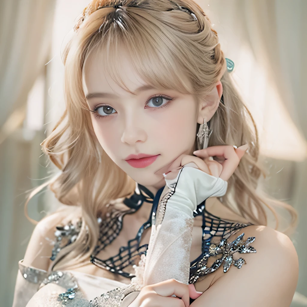 8k)、(best image quality:1.5)、gray background、close up of face、1girl、masterpiece、delicate and sharp eyes、brown eyes、eye power、delicate face、cup、attractive face、platinum blonde hair、Semi-long wave、Green Wedding Dresses、Green Wedding Dresses、I can see the collarbone、gal、Emphasis on the clavicle、earrings、necklace