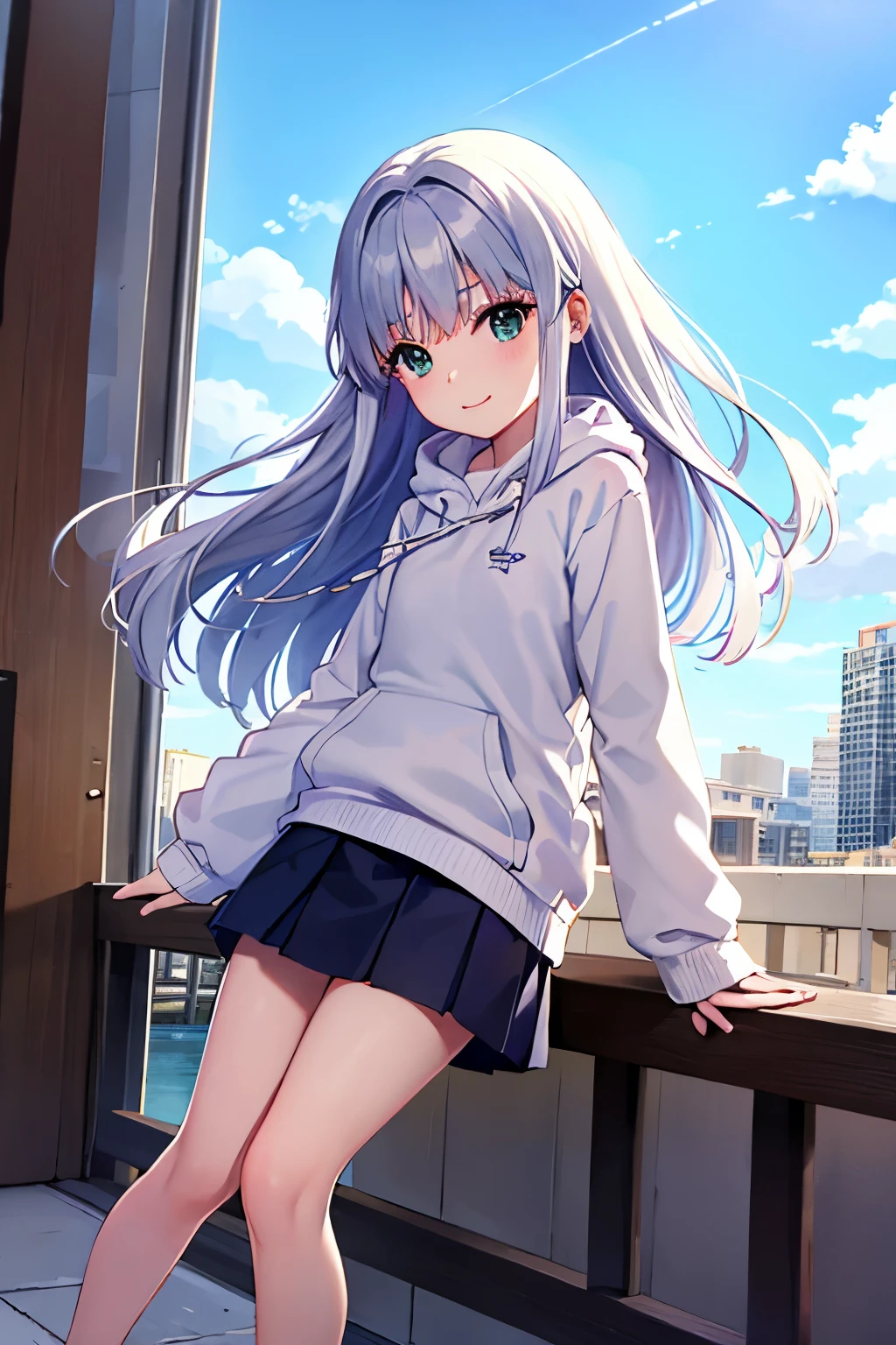 Cabello largo plateado, ojos verdes, headband, hoodie, skirt, flat breast, sonrisa, happy, muslos hermosos, city river, sky blue, deshabitado