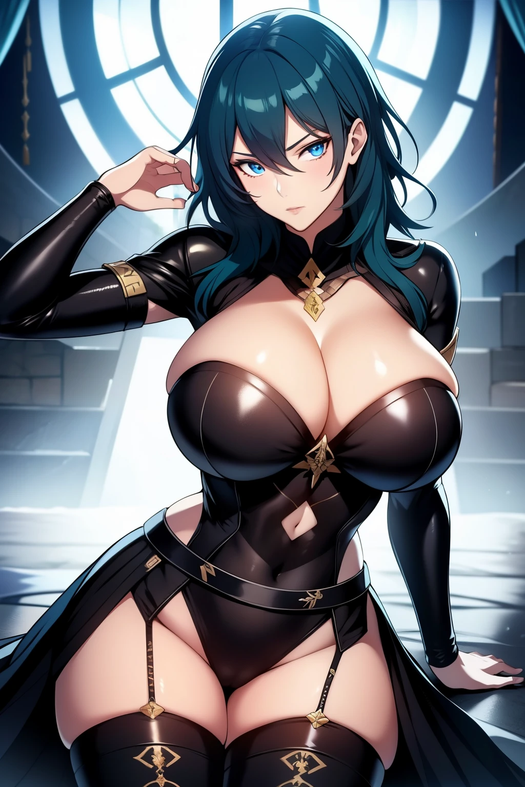 An anime-style artwork depicting Byleth from the game Fire Emblem: Three Houses.

Tags: Byleth, protagonist, anime, detailed eyes, detailed lips, blue hair, mercenary attire, sword-wielding, serious expression, intense gaze, glowing emblem on hand, dynamic pose, mystical background, vibrant colors, digital art, high-resolution, professional quality, gigantic breasts.