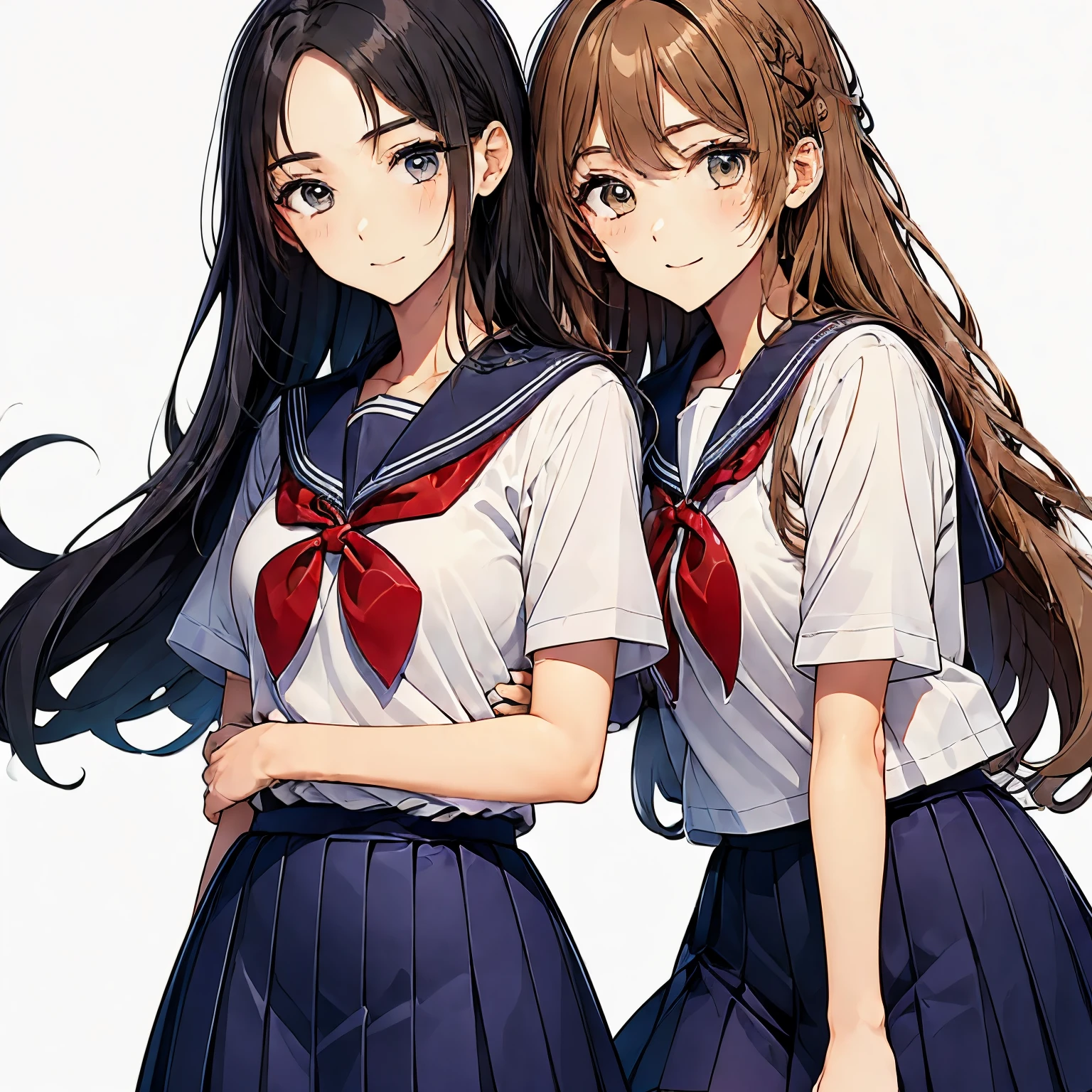 high quality,((2girls,cuddle)),chyuri,smile,Japanese high school student,short sleeve sailor school uniform,