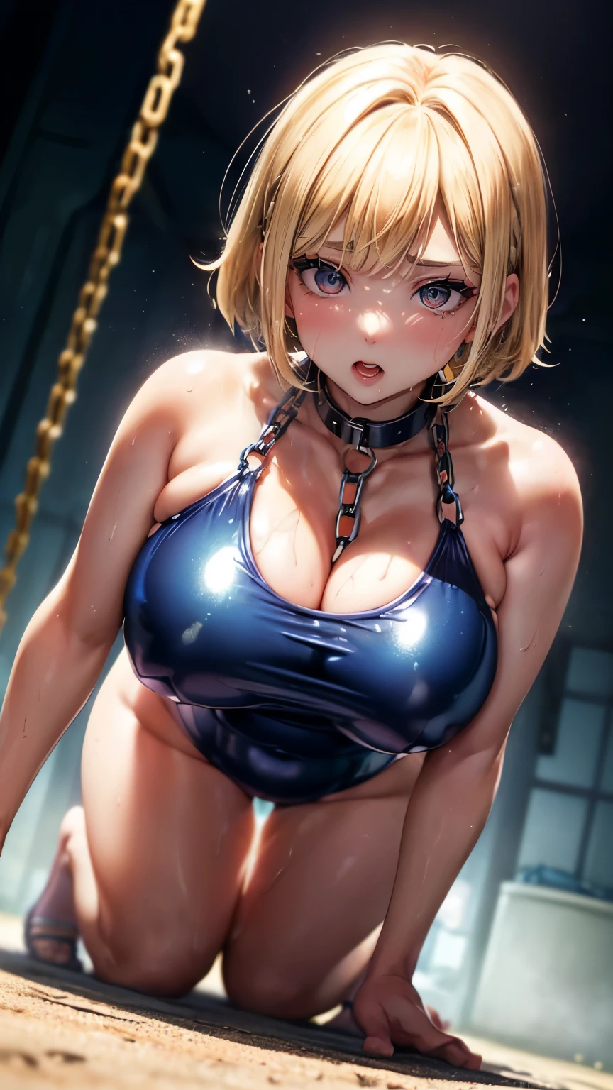 korean idol Japanese idol 50 years old big breastature woman)) (Chubby round face) ((Latex super glossy mirror metallic navy blue school swimsuit that reflects light and shines.)) ((blonde with bangs)) ((blonde short hair)) My cheeks turned red from embarrassment ((Very stuffy dark basement in midsummer with lots of chains)) (gorgeous makeup) ((Bright red rouge plump lips)) duck mouth ((Watery eye)) ((Show off your beautiful sweaty armpits)) (Sweaty armpit pussy) ((My face is flushed with lots of sweat and white lotion.、feel intense orgasm.)) open leg ((大量の白いローションと大量の汗が顔に流れ落ち快感でおしっこを吹き出す変態mature woman.)) ((crawl on all fours))looking at the camera Eyes meet ((The chain attached to the collar and so many chains restrain the body.))