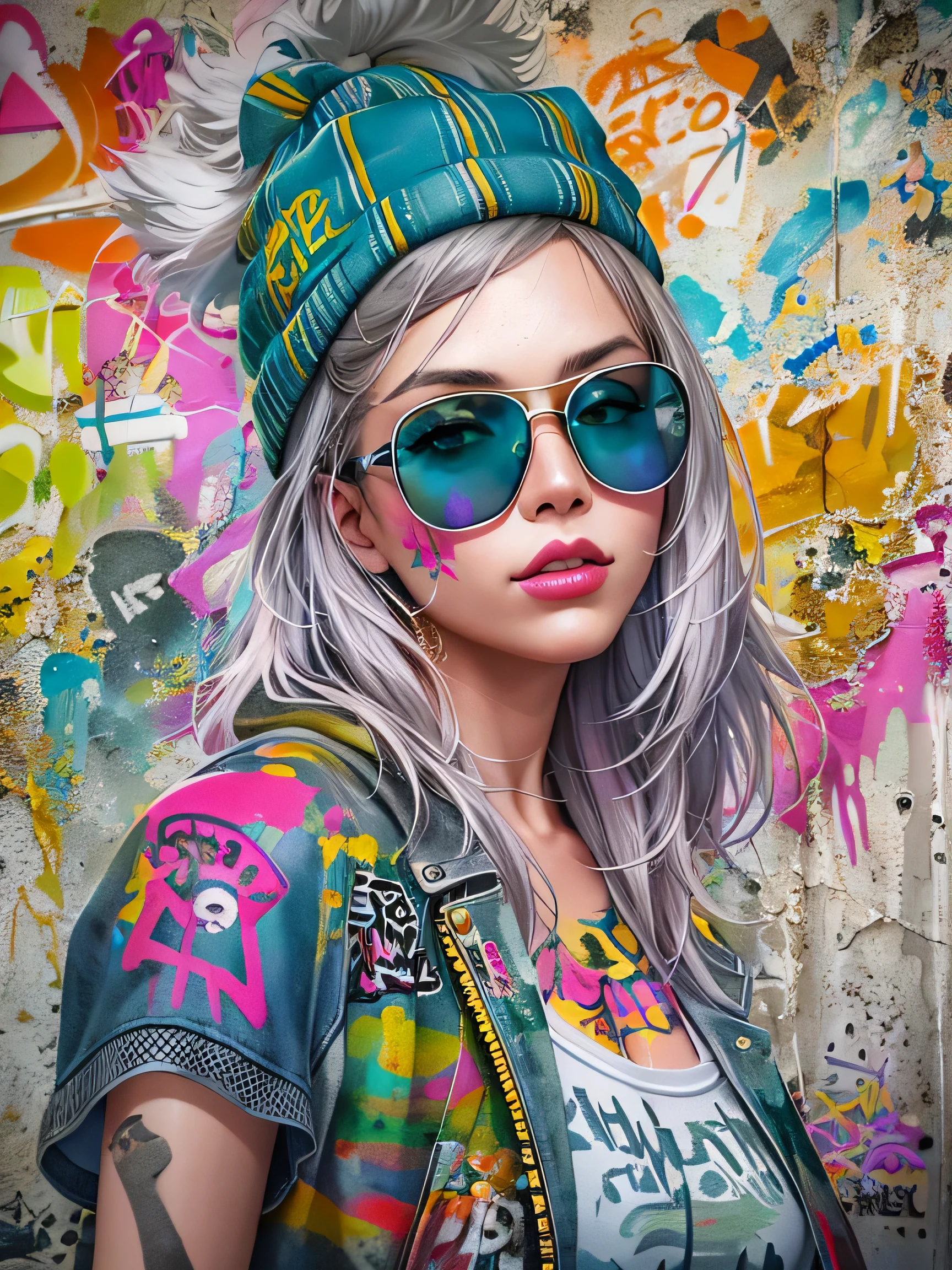 8K quality, watercolor painting, stylish design, (((The strongest beautiful girl of all time))), gal, Stylish sunglasses, Fashionable hats, (((highest quality))), bob hair, put your hand on the wall, HDR, Detailed details, skull fashion, detailed clothing texture, (((graffiti art))), colorful hair, ((masterpiece))、((Super detailed))