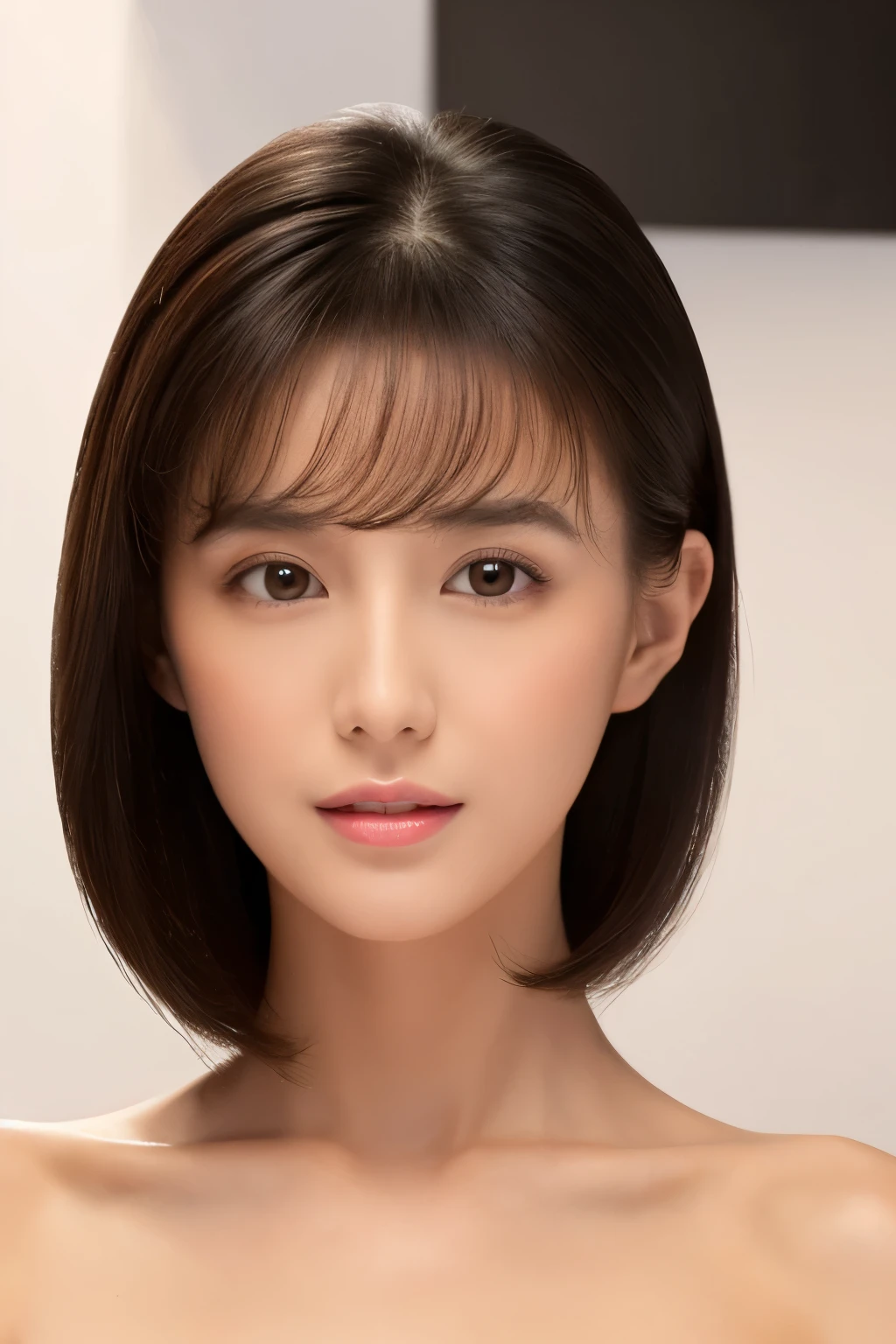 ((masterpiece, top quality, high definition)), 1 girl, (photorealistic: 1.4), solo, white background, snow-white background, mouth closed, happy smile, pretty black hair, short hair, big eyes, clear double eyelids, eyelashes, ears out, absolute area, ((face close-up)), (drawing all head, shoulders), 30 years old, Attractive proportions, glossy skin, clean collarbone, face in golden proportion, perfect face, teardrop mole, mole on chest, bangs, clean bangs, beautiful bangs, lip gloss, thin lips, pale skin, naked, small breasts, small face, head all drawn, shoulders all drawn, staring at the camera slightly upwards