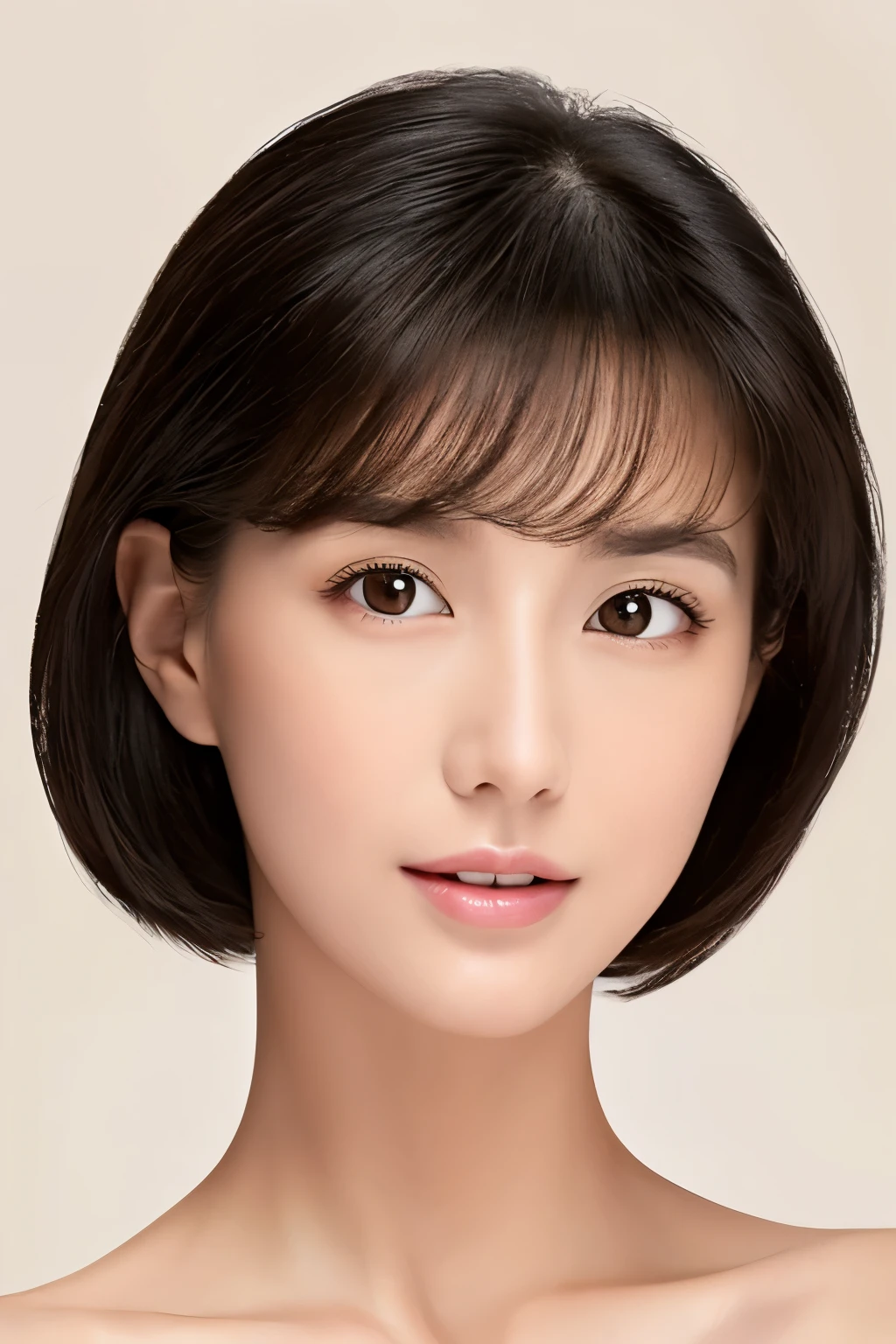 ((masterpiece, top quality, high definition)), 1 girl, (photorealistic: 1.4), solo, white background, snow-white background, mouth closed, happy smile, pretty black hair, short hair, big eyes, clear double eyelids, eyelashes, ears out, absolute area, ((face close-up)), (drawing all head, shoulders), 30 years old, Attractive proportions, glossy skin, clean collarbone, face in golden proportion, perfect face, teardrop mole, mole on chest, bangs, clean bangs, beautiful bangs, lip gloss, thin lips, pale skin, naked, small breasts, small face, head all drawn, shoulders all drawn, staring at the camera slightly upwards