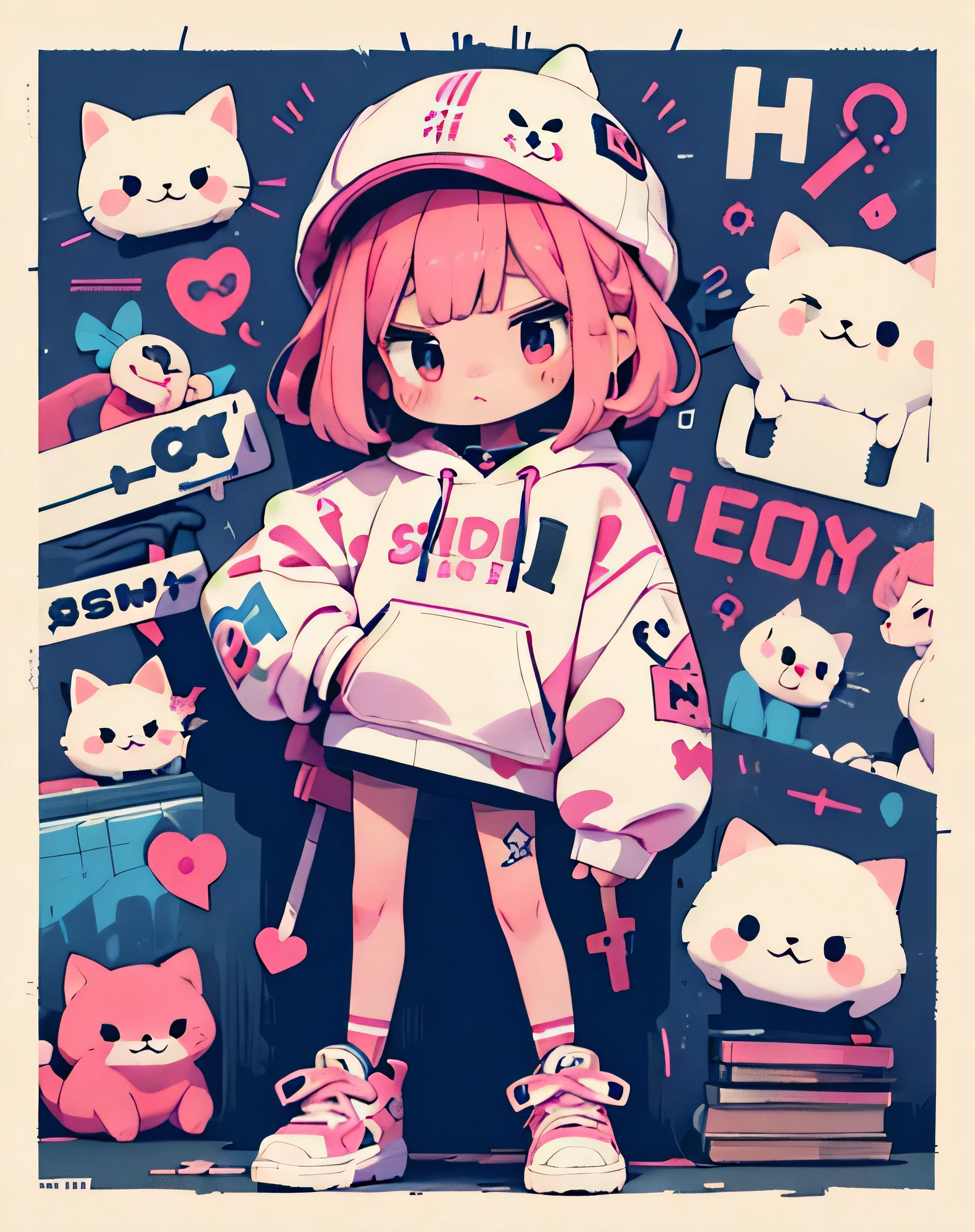 masterpiece,1 girl,alone,(((cutest girl ever)))、bob hair,pink hair,Fashionable hoodies,mob cap, street,put your hands on your hips, put one'Hand in hand'pocket of,