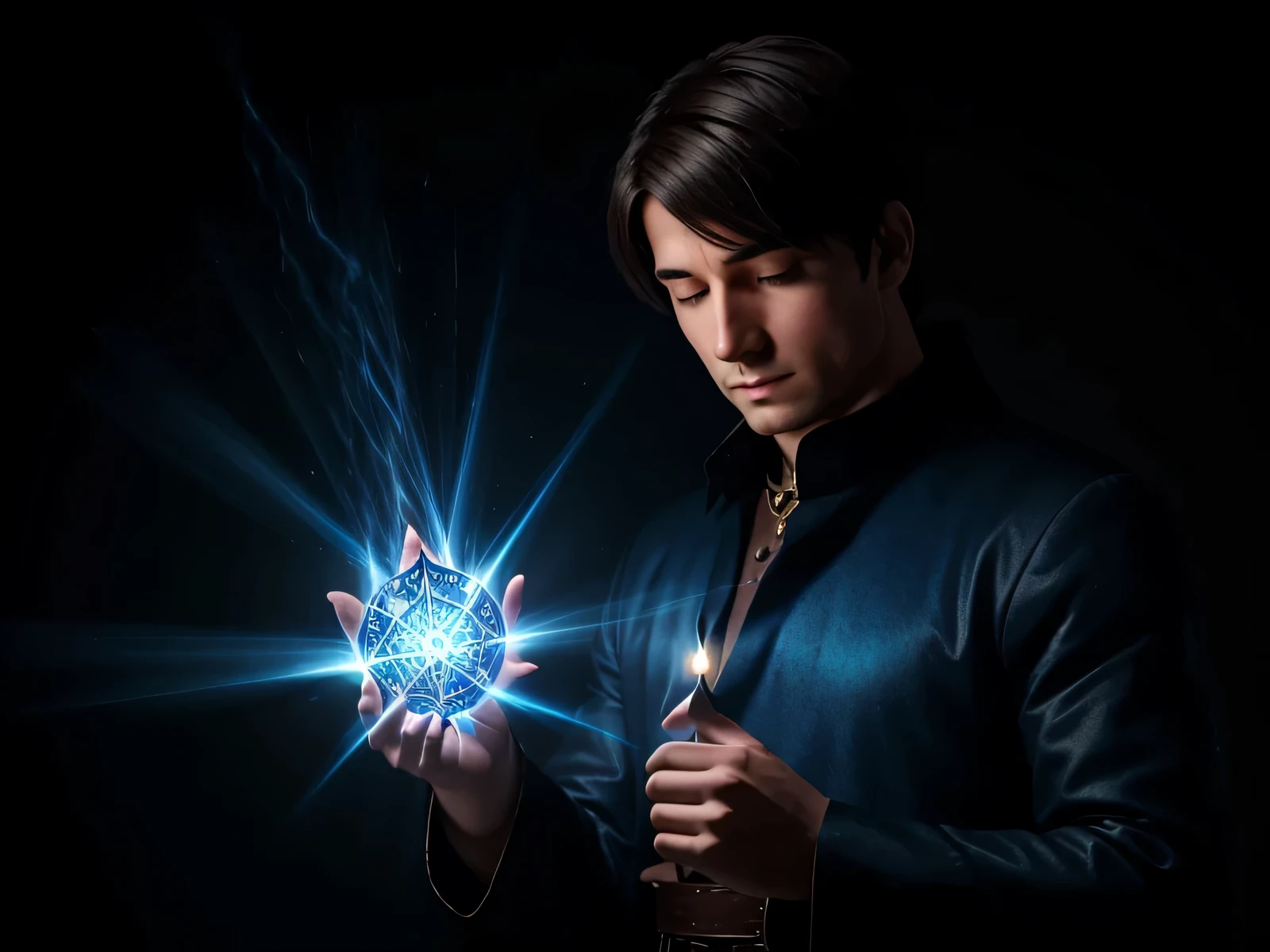 Create an ultra-realistic image of a medieval lightworker magician who points out a spiritual path that, Ultimately, brings the enlightenment. 