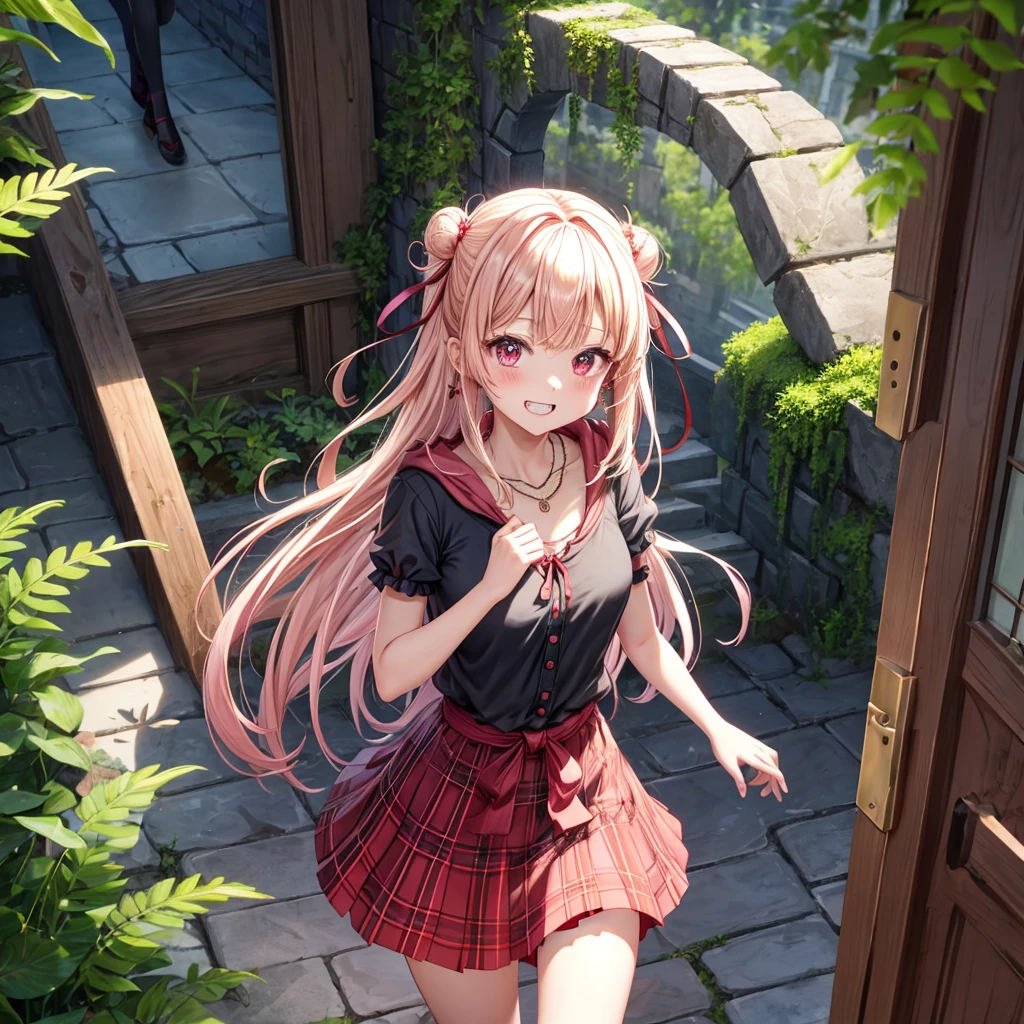pink blonde、red eyes、one good looking girl、solo、anime、plaid mini skirt、the skirt has buttons、black camisole、black t-shirt、dress、wearing a ribbon、ribbon at waist、cloak、hood、stone slabs are piled up、crystal earrings、monster castle、jewelry necklace、Light and shadow、walking、tunnel、clock、Stuck in the wall、universe、fern plants、petal、tilting one&#39;s face、teeth are visible、Red carpet、door of the future