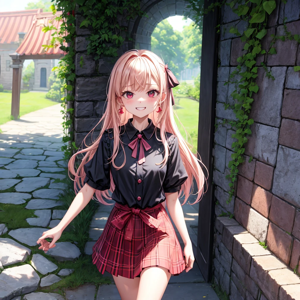 pink blonde、red eyes、one good looking girl、solo、anime、plaid mini skirt、the skirt has buttons、black camisole、black t-shirt、dress、wearing a ribbon、ribbon at waist、cloak、hood、stone slabs are piled up、crystal earrings、monster castle、jewelry necklace、Light and shadow、walking、tunnel、clock、Stuck in the wall、universe、fern plants、petal、tilting one's face、teeth are visible、Red carpet、door of the future