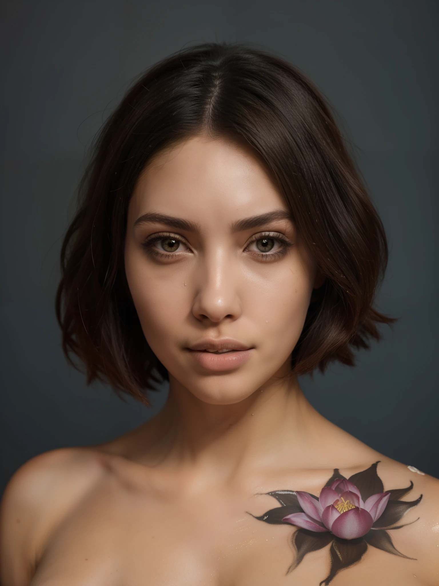 masterpiece,best quality,whole body,lotus,(swedish girl),neutral face expression,detailed face,dynamic floating hair,wearing a cheongsam,blue background, (body painting),morandi color,rich color, skin texture, pores, (imperfect skin:1.4), (closeup), face marks, limited color scheme, blue coloressy hair), gold accents, bokeh, depth of field, paint on skin. she has bob haircut; "Kim Kardashian's body"Kim Kardashian curvy, bob haircut, short hair