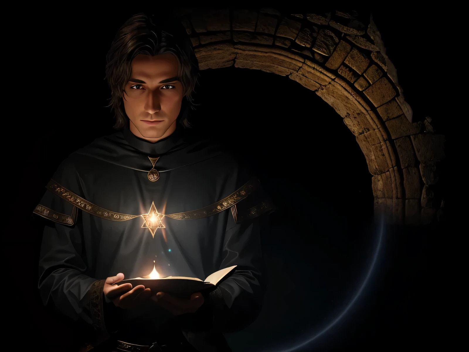 Create an ultra-realistic image of a medieval lightworker magician who points out a spiritual path that, Ultimately, brings the enlightenment.