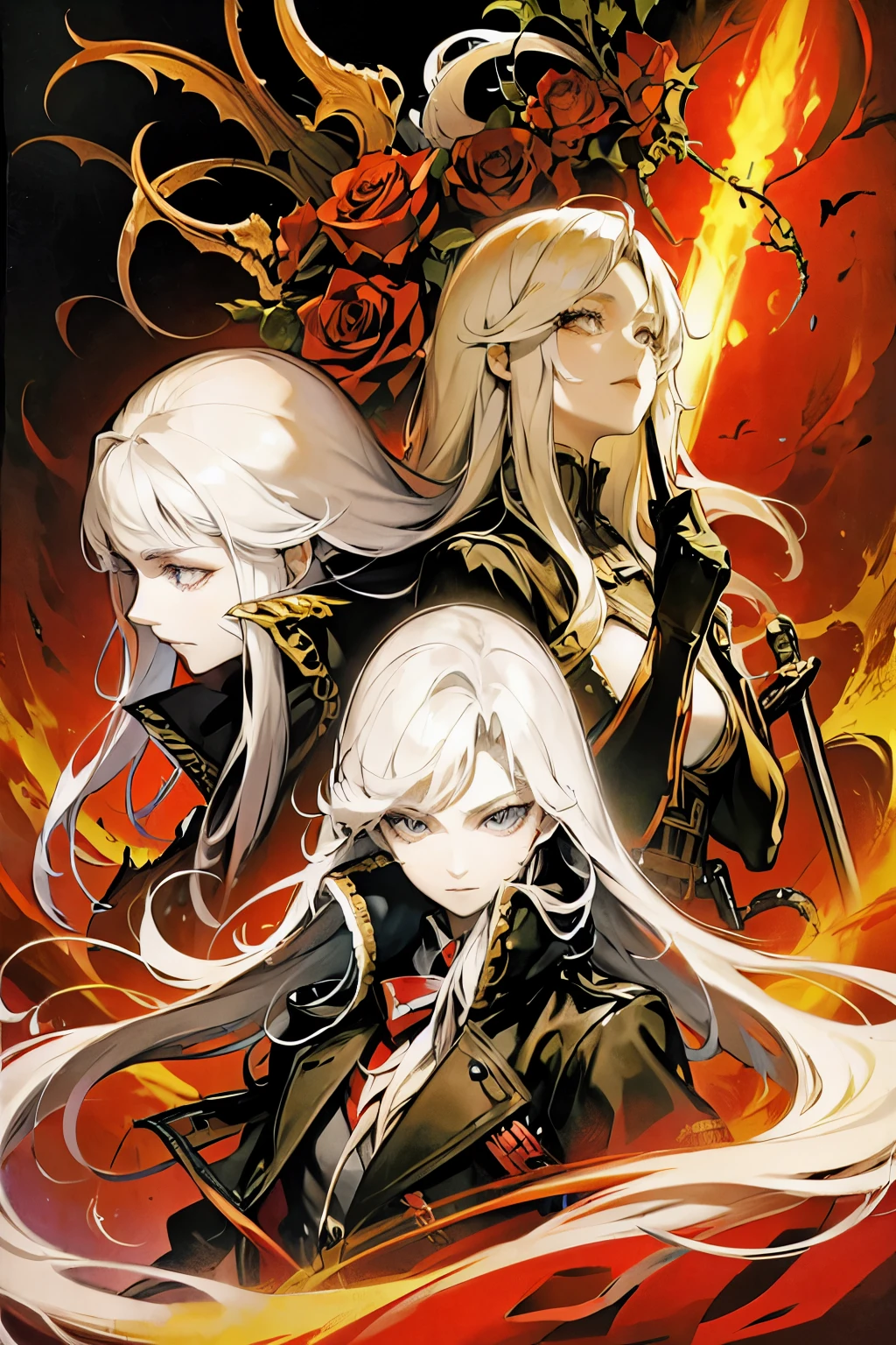 Roses bloom around the old tree,The moon reflects a fire-breathing dragon above the silhouette of a castle in the distance,A man holding a heart in huge eyes stands behind a half-naked white long-haired girl wearing a leather jacket holding a long sword.,