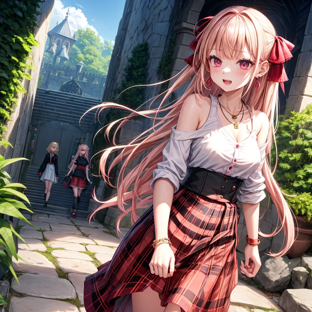 pink blonde、red eyes、one good looking girl、solo、anime、plaid mini skirt、the skirt has buttons、black camisole、black t-shirt、dress、wearing a ribbon、ribbon at waist、cloak、hood、stone slabs are piled up、crystal earrings、monster castle、jewelry necklace、Light and shadow、walking、tunnel、clock、Stuck in the wall、universe、fern plants、petal、tilting one&#39;s face、teeth are visible、Red carpet、door of the future、spiral stage