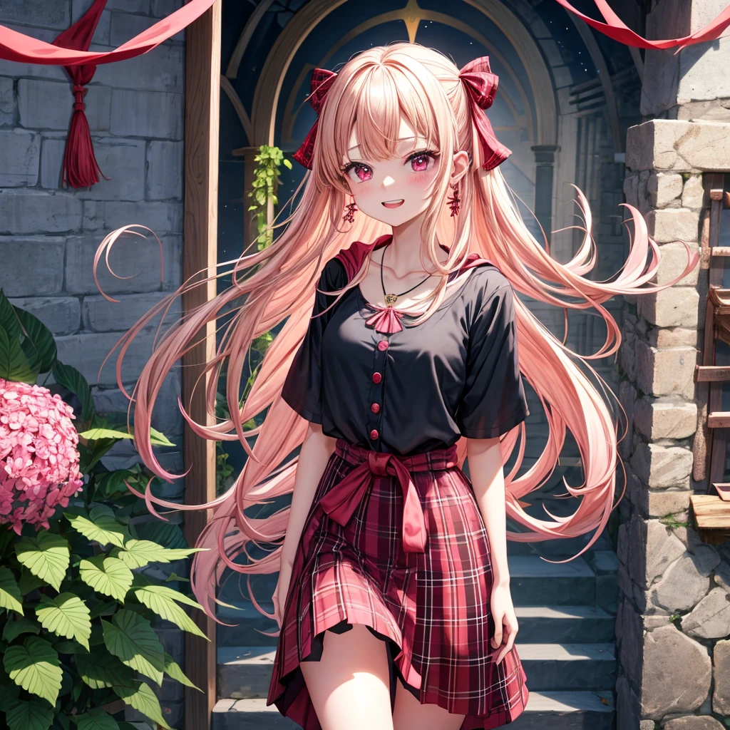 pink blonde、red eyes、one good looking girl、solo、anime、plaid mini skirt、the skirt has buttons、black camisole、black t-shirt、dress、wearing a ribbon、ribbon at waist、cloak、hood、stone slabs are piled up、crystal earrings、monster castle、jewelry necklace、Light and shadow、walking、tunnel、clock、Stuck in the wall、universe、fern plants、petal、tilting one's face、teeth are visible、Red carpet、door of the future、spiral stage