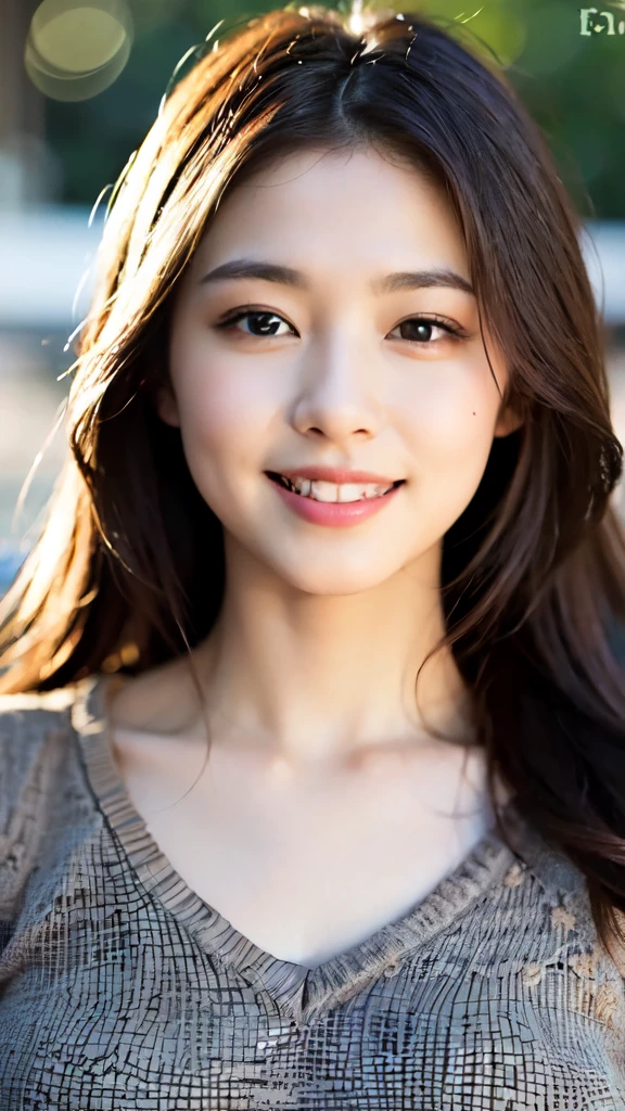 ((masterpiece)), ((highest quality)), (super detailed), ((beautiful)), cute, (Lovely), ((very detailed)), 4k, (8k), highest quality, (beautiful), ((((smile)))),figure, [[[face zoom]]],front、looking at the camera、Japanese,beautifulな女性, Japanese, alone, (brown dress:1.3),outdoors、 beautiful red hair, beautiful brown eyes, ((beautiful eyes)), (long hair,curl)、sexy,(Big eyes)、flashy makeup、lipstick、Japanese high school girl、(random hairstyle:1.2)、super detail face、eye for details、double eyelid、sharp focus:1.2、beautifulな女性:1.4、light brown hair、highest quality、masterpiece、超A high resolution、(Photoreal:1.4)、非常に詳細でプロフェッショナルな照明のsmile、loose and light knitwear、thin、serious expression