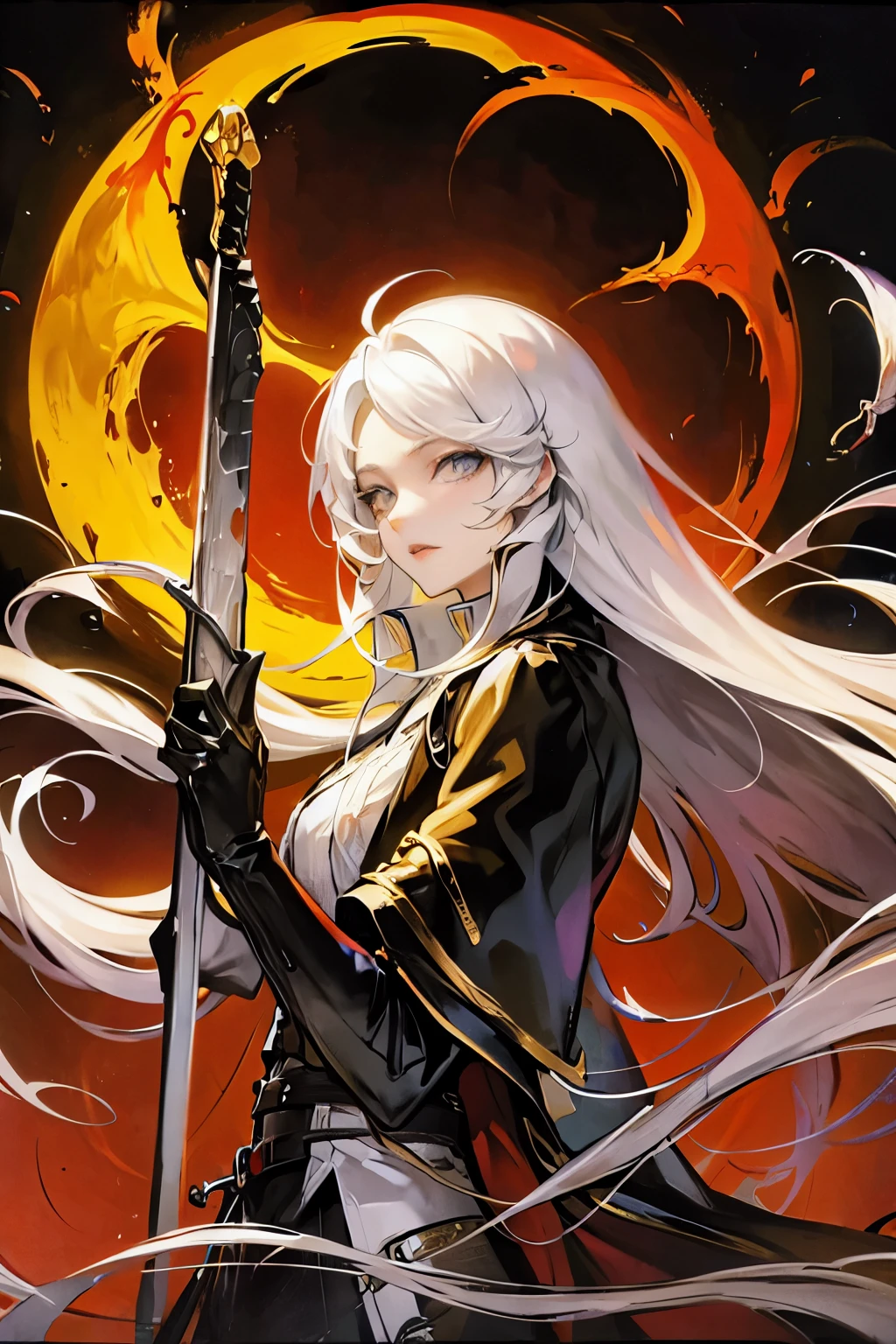 Roses bloom around the old tree，The moon reflects a fire-breathing dragon above the silhouette of a castle in the distance，A man holding a heart in huge eyes stands behind a half-naked white long-haired girl wearing a leather jacket holding a long sword.，