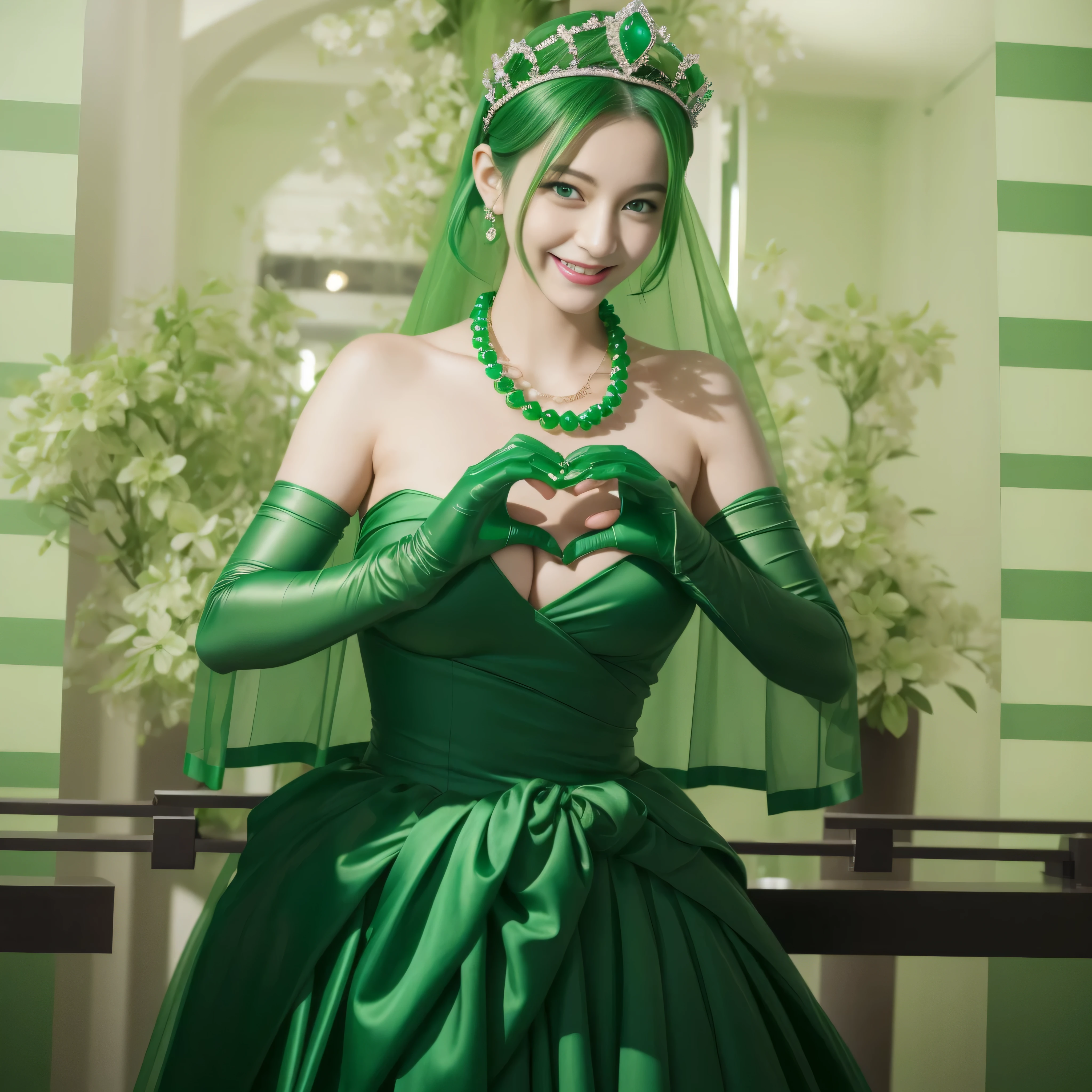 emerald tiara, Green Pearl Necklace, ボーイッシュな非常に短いgreen hair, green lips, Smiling Japan woman in her 30s, very short hair, Beautiful woman with big breasts, green eyes, green satin long gloves, green eyes, emerald earrings, Green veil, Heart with both hands, green hair, beautiful japanese woman, heart shaped hands:1.3, green lip gloss