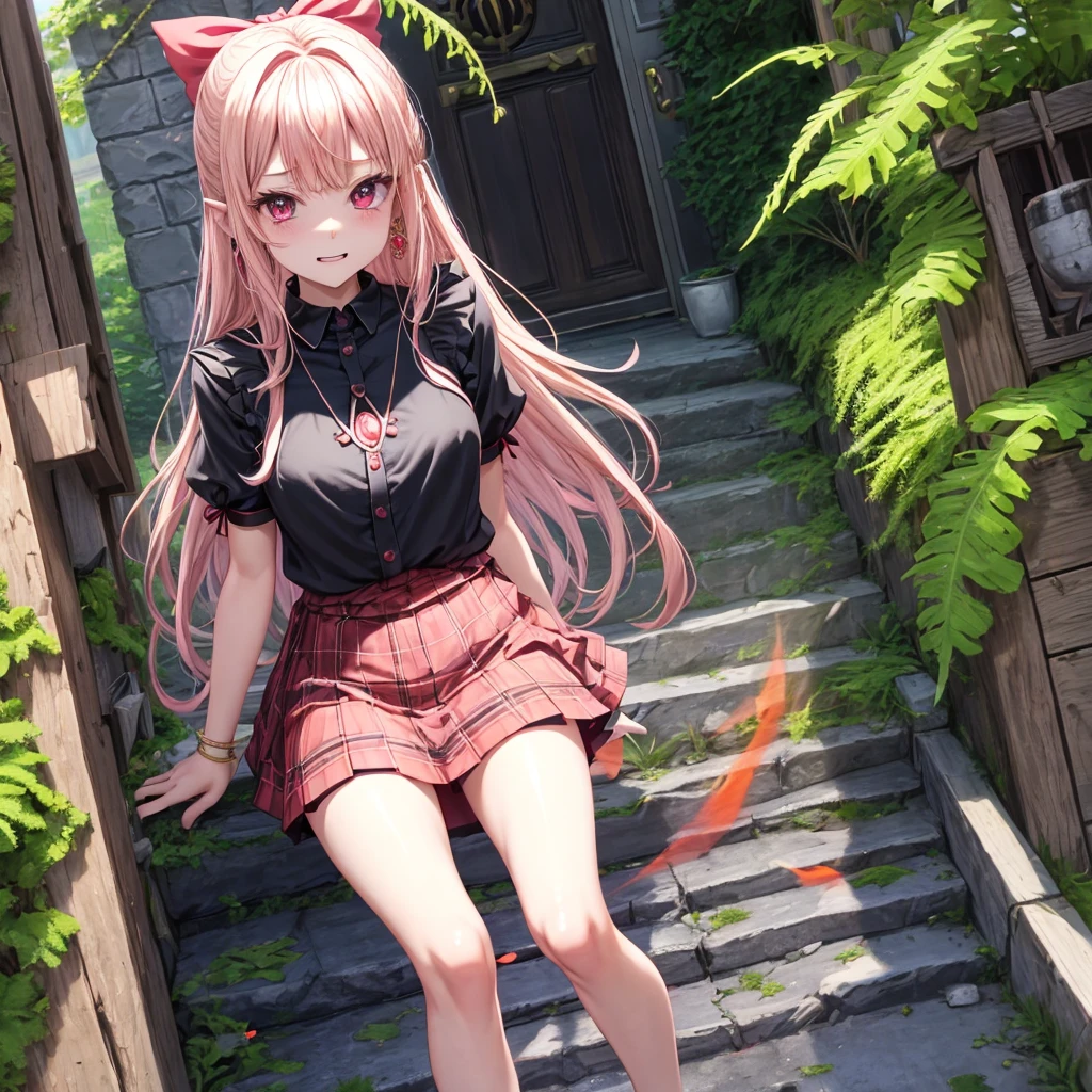 pink blonde、red eyes、one good looking girl、solo、anime、plaid mini skirt、the skirt has buttons、black camisole、black t-shirt、dress、wearing a ribbon、ribbon at waist、cloak、hood、stone slabs are piled up、crystal earrings、monster castle、jewelry necklace、Light and shadow、walking、tunnel、clock、Stuck in the wall、universe、fern plants、petal、tilting one's face、teeth are visible、Red carpet、door of the future、spiral stage、fire spirit