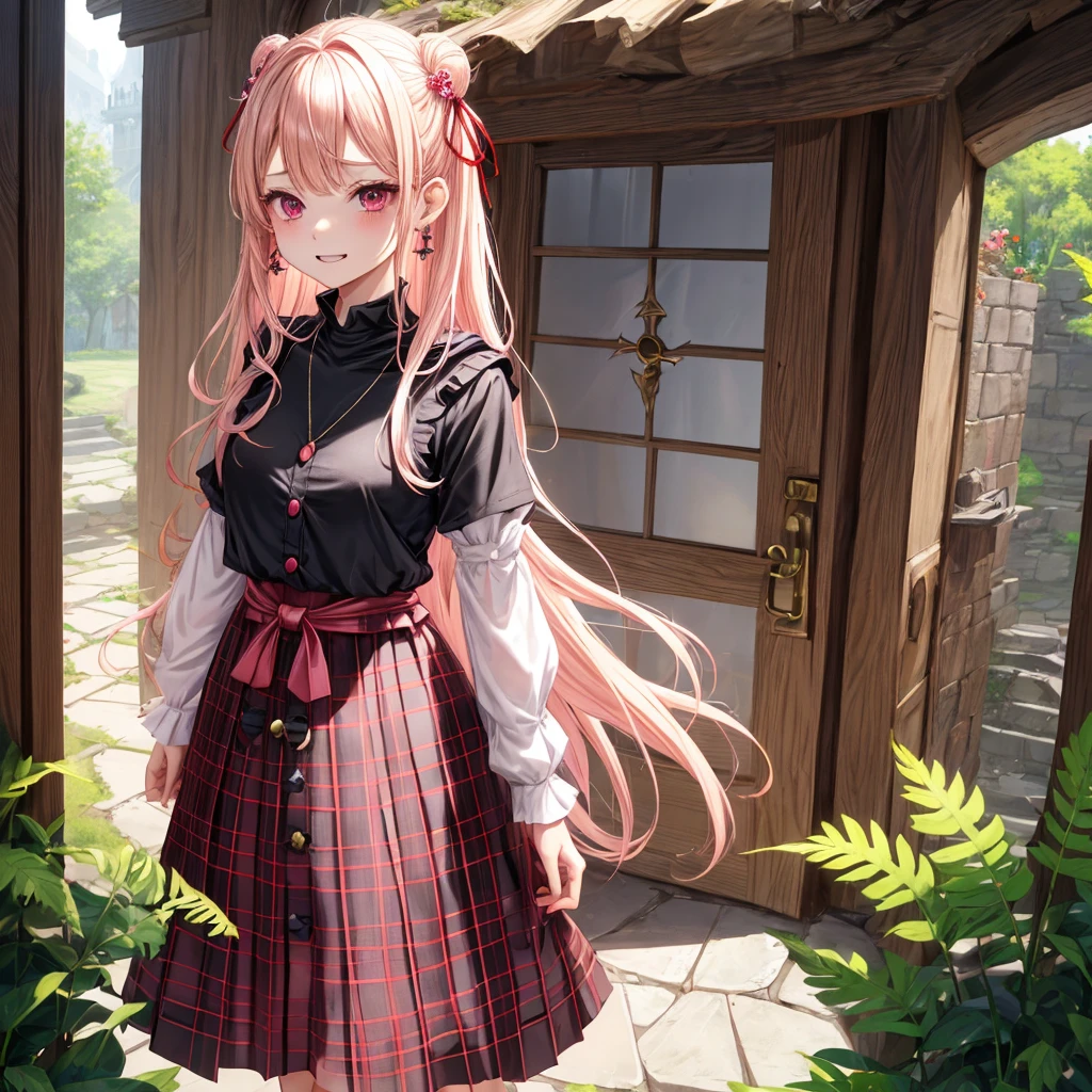 pink blonde、red eyes、one good looking girl、solo、anime、plaid mini skirt、the skirt has buttons、black camisole、black t-shirt、dress、wearing a ribbon、ribbon at waist、cloak、hood、stone slabs are piled up、crystal earrings、monster castle、jewelry necklace、Light and shadow、walking、tunnel、clock、Stuck in the wall、universe、fern plants、petal、tilting one's face、teeth are visible、Red carpet、door of the future、spiral stage、fire spirit