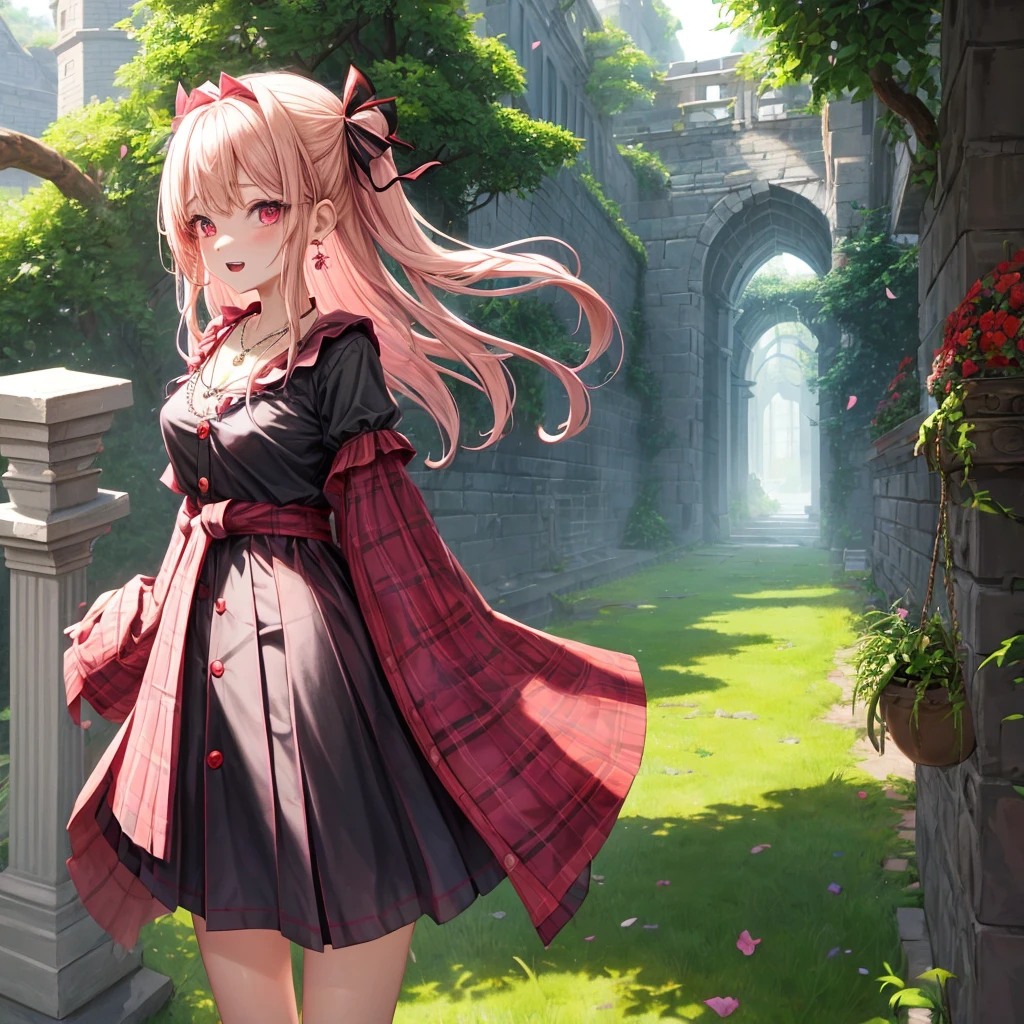 pink blonde、red eyes、one good looking girl、solo、anime、plaid mini skirt、the skirt has buttons、black camisole、black t-shirt、dress、wearing a ribbon、ribbon at waist、cloak、hood、stone slabs are piled up、crystal earrings、monster castle、jewelry necklace、Light and shadow、walking、tunnel、clock、Stuck in the wall、universe、fern plants、petal、tilting one's face、teeth are visible、Red carpet、door of the future、spiral stage、fire spirit