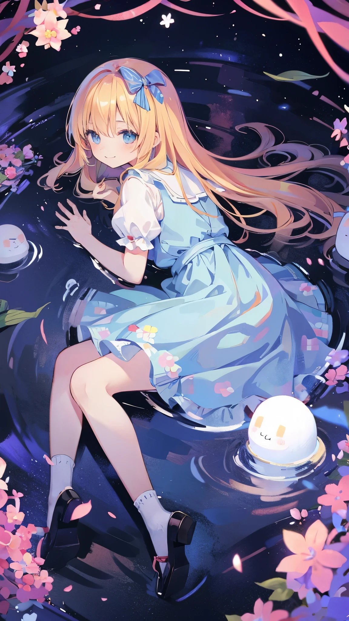 absurd, High resolution, (anime style:1.1), ((highest quality)), (Super detailed), 12 year old girl、alice in wonderland、cute、blue ribbon on head、masterpiece、best image quality、alice in wonderlandのコスチューム、alice in wonderlandの背景、colorful long blonde hair、colorful eyes、(high angle)、不気味なalice in wonderlandの森の奥、crazy smile、Spooky Monsters、psychopath、from the back、hide in a cemetery、pastel colour、
