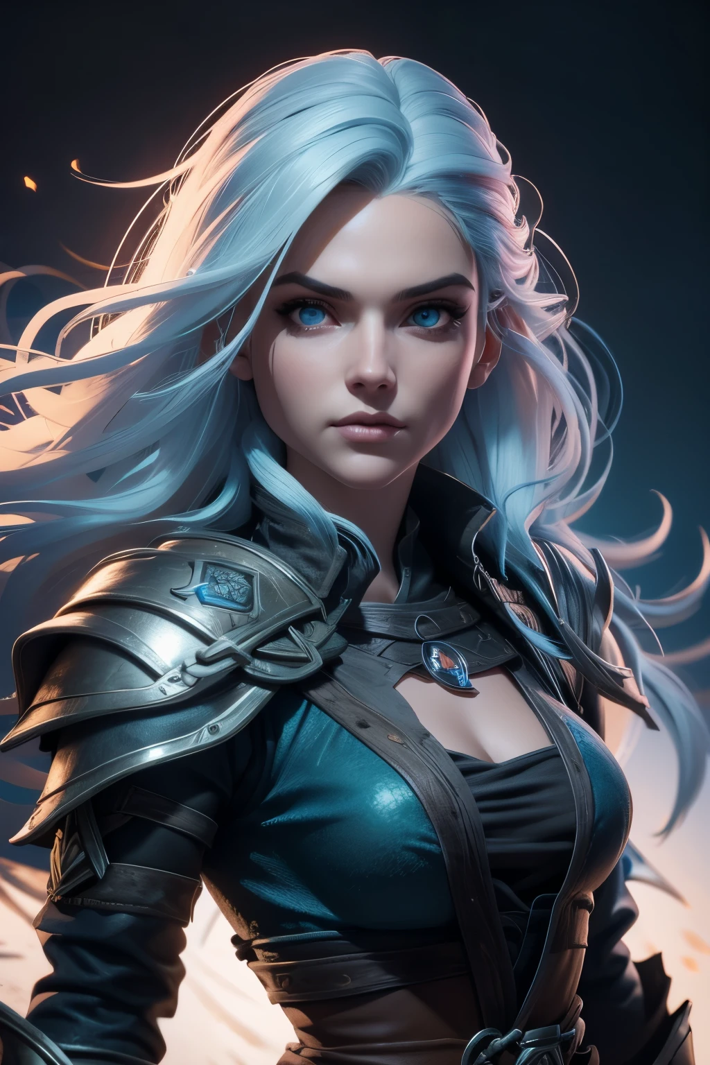 Hermosa mujer como Ciri del juego The Witcher., con pelo largo y ojos azules brillantes, obra maestra, ultra calidad, 8K, cabello cayendo sobre tus sombras, fondo la noche, Lleva una armadura medieval plateada.