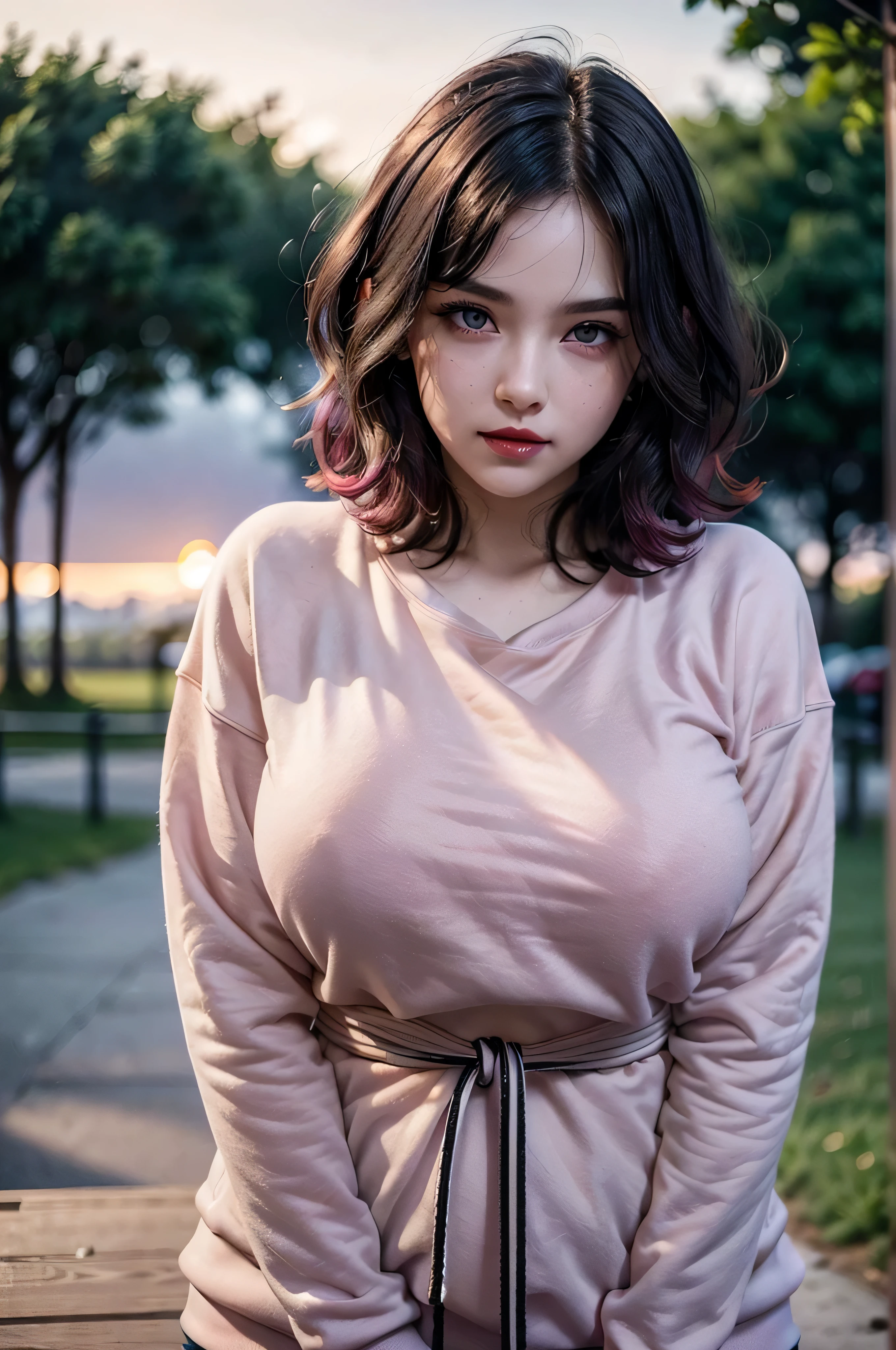 Beautiful teen, gothic, pale white skin, short hair, bangs, (((short and wavy dark black hair, red hightlights))), (((light violet detailed eyes))), eyeliner, double eyelid, long eyelashes, thick black eyebrows, (((tiny small nose))), (((big plump lips))), (((big full sexy red lips))), sexy facial features, deeply blushing, cheek freckle, perfect body figure, (((big and lifted bust))), (((slim tiny waist))) ,sexy, gorgeous, charismatic, super cute, stunning, smiling, happy, in love, shy, slutty, (((wearing a casual pink sweatshirt))), date in the park setting. Soft sunlight, realistic light and shadows. Extremely detailed face, super detailed skin texture, detailed, super detailed eyes, vivid colors, colorful, ultrahigh res, award winning, cinematic lighting, octane render unreal engine, volumetrics dtx, (film grain, blurry background, blurry foreground, bokeh, depth of field, sunset, motion blur:1.3) (photorealistic:1.4), UHD, sharp focus, hyper-realistic, high quality, 4k.