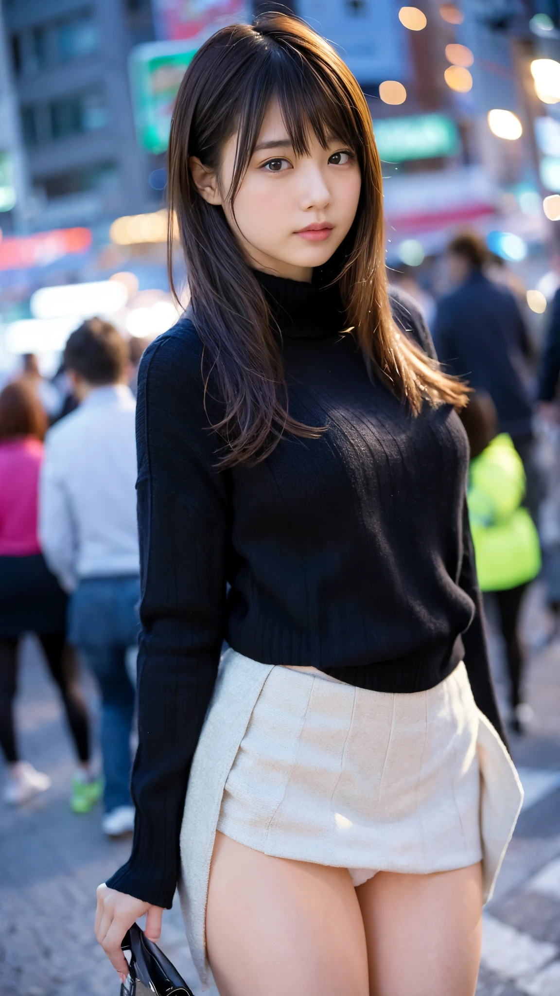 1 girl、(looking at the viewer)、(Bokeh:1.1)、parted lips、No expression、realistic、tights、skirt、skyline、realistic、アップskirt、skirtリフト、highest quality、masterpiece:1.3、超A high resolution、Angle of view from below:1.25 、panties close up:1.35、embarrassed look、The background is a night view、(look viewer:1.3)、(beautiful face:1.2)