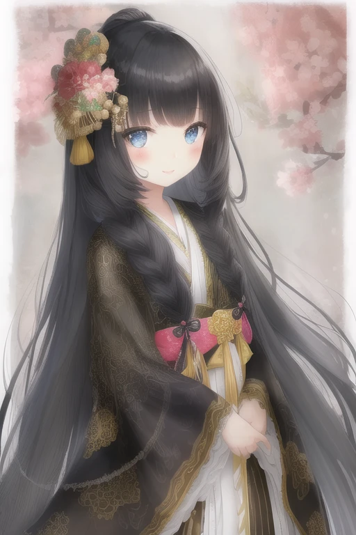 smile, colorless background, , , straight hair, long hair, , black hair, blush stickers, bangs, (beautiful and detailed face), (detailed and beautiful eyes), whole body,kimono dress、luxury fabric、、super delicate、super beauty,long hair、positive、super beauty、kimono dress、