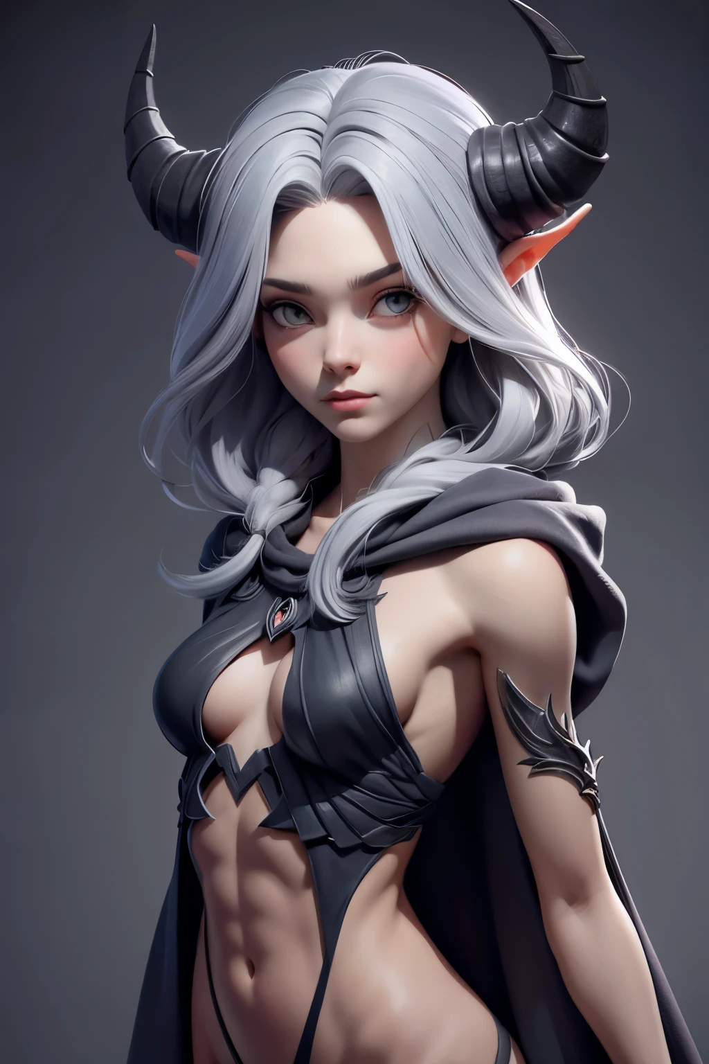 Chica con pelo gris, girl portrait, Druid, con grandes astas de ciervo en la cabeza, (A complete description of the horns.), cabello largo y liso, ((slim physique)), She is dressed in a robe and a hood over her head.., envuelto en ramas con flores, Arte detallado de alta calidad 8k, ((perfect anatomy)), obra de arte, preciosa pintura digital, awesome digital illustration, (body symmetry:1.2), parte superior del torso. Gloomy grey background, bosque oscuro.
