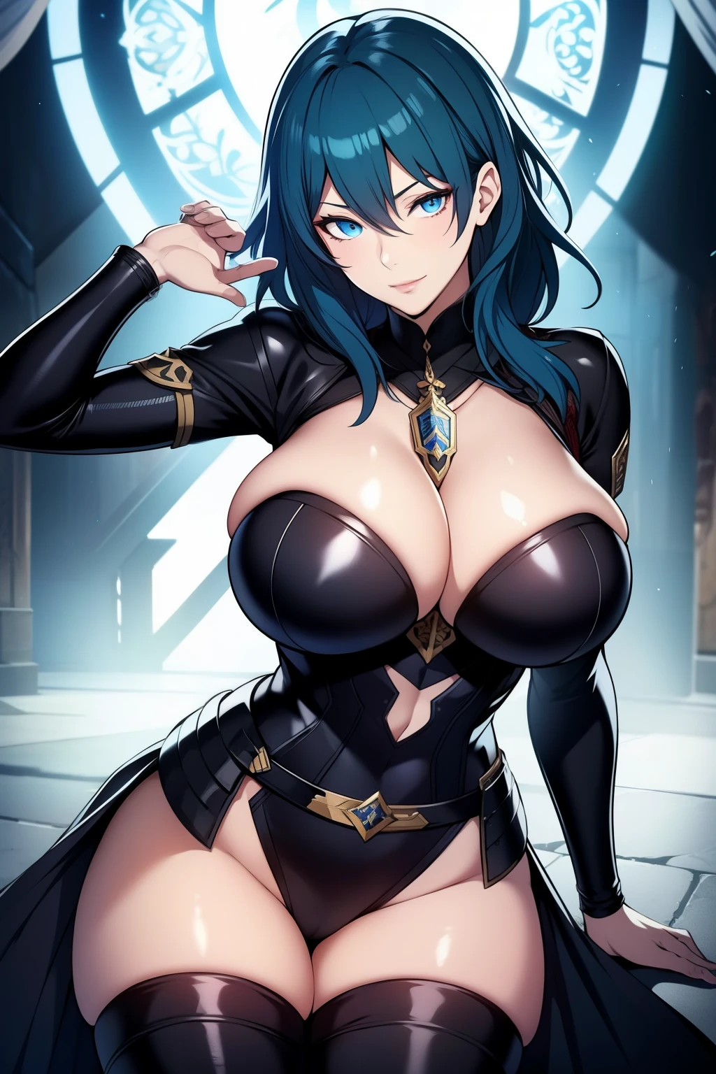 An anime-style artwork depicting Byleth from the game Fire Emblem: Three Houses.

Tags: Byleth, protagonist, anime, detailed eyes, detailed lips, blue hair, mercenary attire, sword-wielding, smiling expression, intense gaze, glowing emblem on hand, dynamic pose, mystical background, vibrant colors, digital art, high-resolution, professional quality, gigantic breasts.