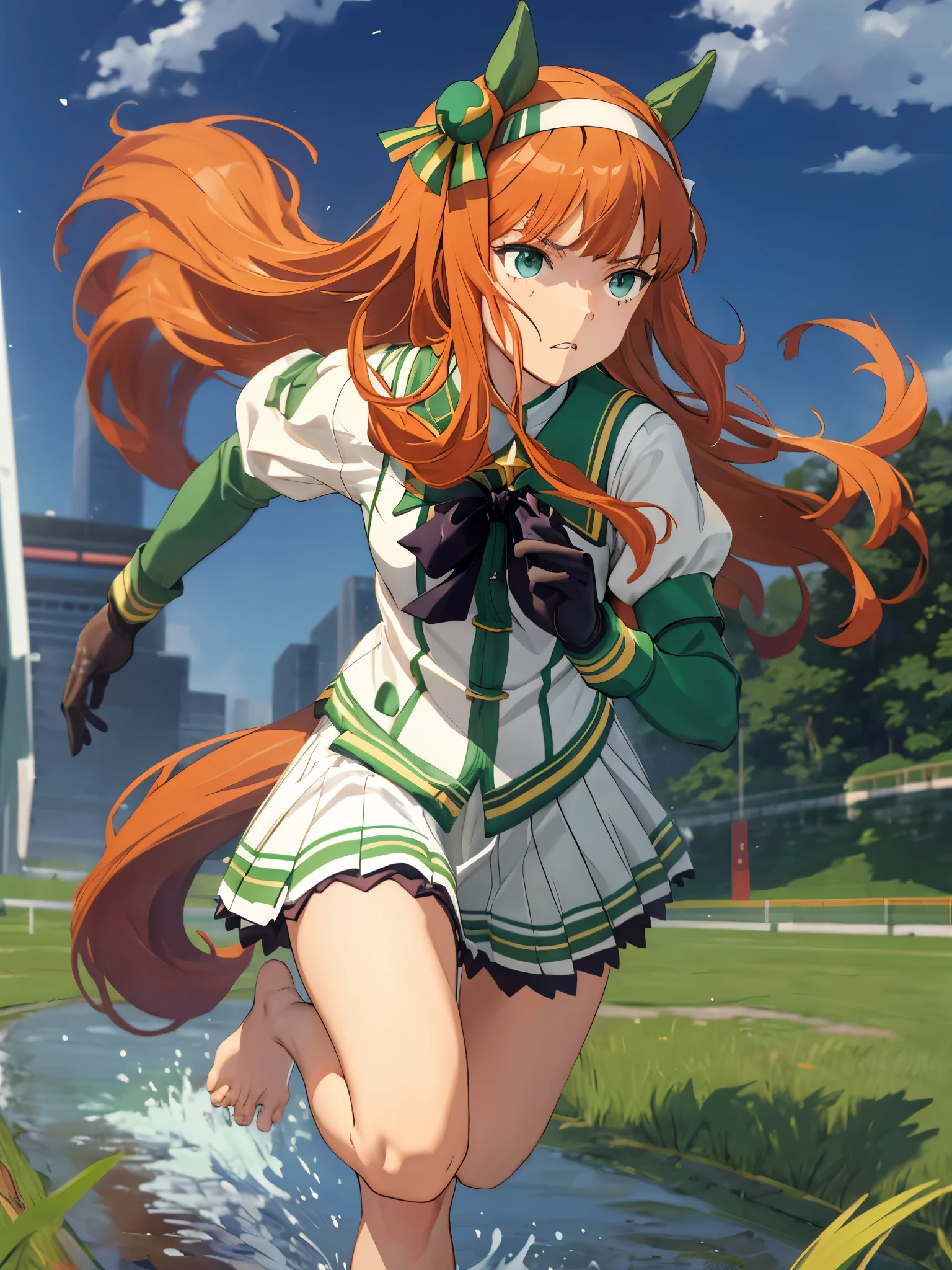 masterpiece, highest quality, running figure, Whole body wide angle, serious expression, silence suzuka \(umamusume\),black gloves, white skirt, pleated skirt, barefoot, (No sleeve), black bow, flowing grass,