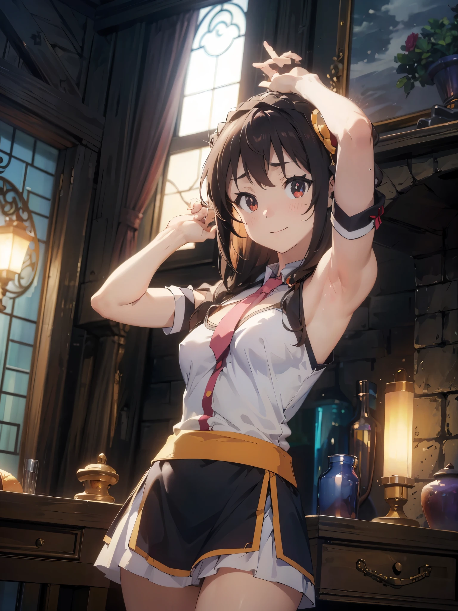 best picture quality, 8K, high quality, masterpiece:1.2), ((masterpiece)), (high detail, high quality, best picture quality), bokeh, DOF, Portrait, open stance, (cute illustration:1.2), (konosuba, yunyun), (nsfw:1.2), sunny light, in room, perfectly balanced anatomy, sleeveless, detached sleeve, both arms behind head, armpits:1.3), detailed eyes, cute round face, embarrassed, smile, seducing by showing her armpits, (Pose as if looking into the face from below:1.3)