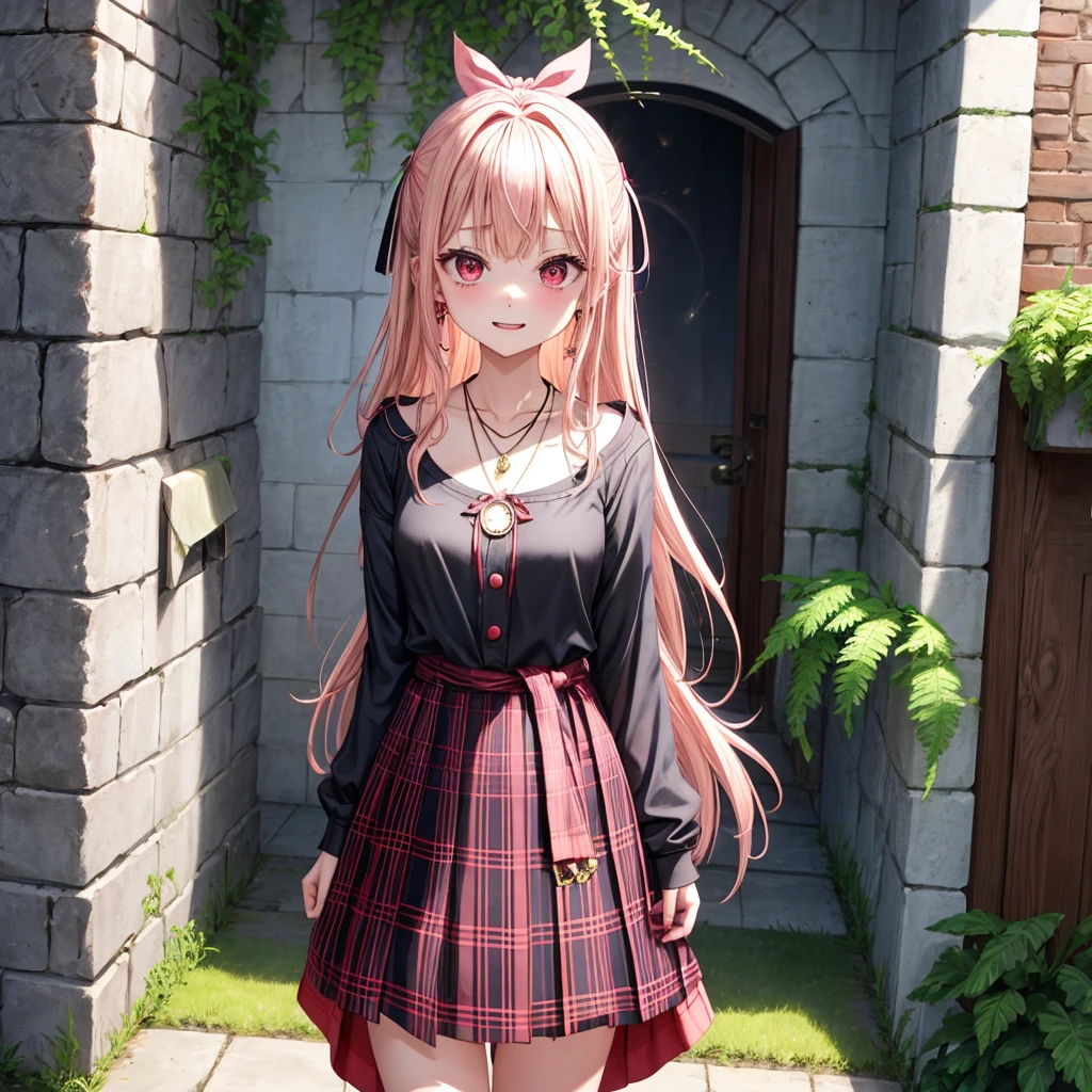 pink blonde、red eyes、one good looking girl、solo、anime、plaid mini skirt、the skirt has buttons、black camisole、black t-shirt、dress、wearing a ribbon、ribbon at waist、cloak、hood、stone slabs are piled up、crystal earrings、monster castle、jewelry necklace、Light and shadow、walking、tunnel、clock、Stuck in the wall、universe、fern plants、petal、tilting one's face、teeth are visible、Red carpet、door of the future、spiral stage、fire spirit