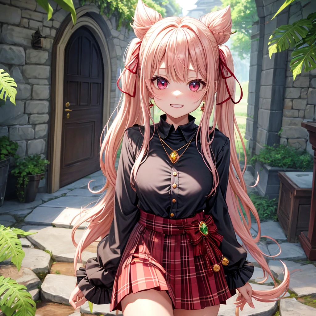 pink blonde、red eyes、one good looking girl、solo、anime、plaid mini skirt、the skirt has buttons、black camisole、black t-shirt、dress、wearing a ribbon、ribbon at waist、cloak、hood、stone slabs are piled up、crystal earrings、monster castle、jewelry necklace、Light and shadow、walking、tunnel、clock、Stuck in the wall、universe、fern plants、petal、tilting one&#39;s face、teeth are visible、Red carpet、door of the future、spiral stage、fire spirit