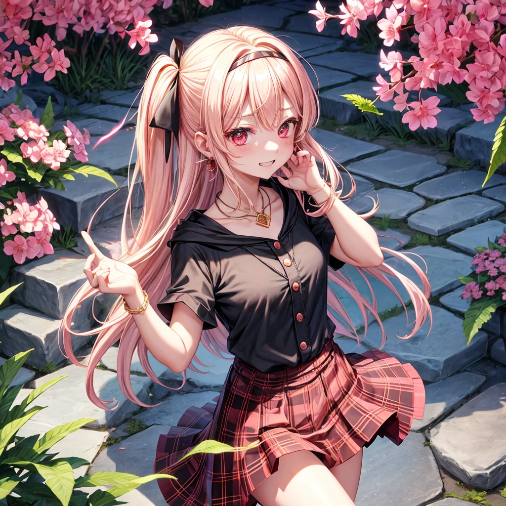 pink blonde、red eyes、one good looking girl、solo、anime、plaid mini skirt、the skirt has buttons、black camisole、black t-shirt、dress、wearing a ribbon、ribbon at waist、cloak、hood、stone slabs are piled up、crystal earrings、monster castle、jewelry necklace、Light and shadow、walking、tunnel、clock、Stuck in the wall、universe、fern plants、petal、tilting one&#39;s face、teeth are visible、Red carpet、door of the future、spiral stage、fire spirit