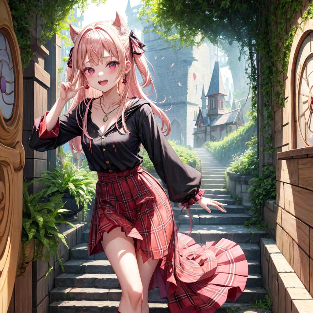 pink blonde、red eyes、one good looking girl、solo、anime、plaid mini skirt、the skirt has buttons、black camisole、black t-shirt、dress、wearing a ribbon、ribbon at waist、cloak、hood、stone slabs are piled up、crystal earrings、monster castle、jewelry necklace、Light and shadow、walking、tunnel、clock、Stuck in the wall、universe、fern plants、petal、tilting one&#39;s face、teeth are visible、Red carpet、door of the future、spiral stage、fire spirit