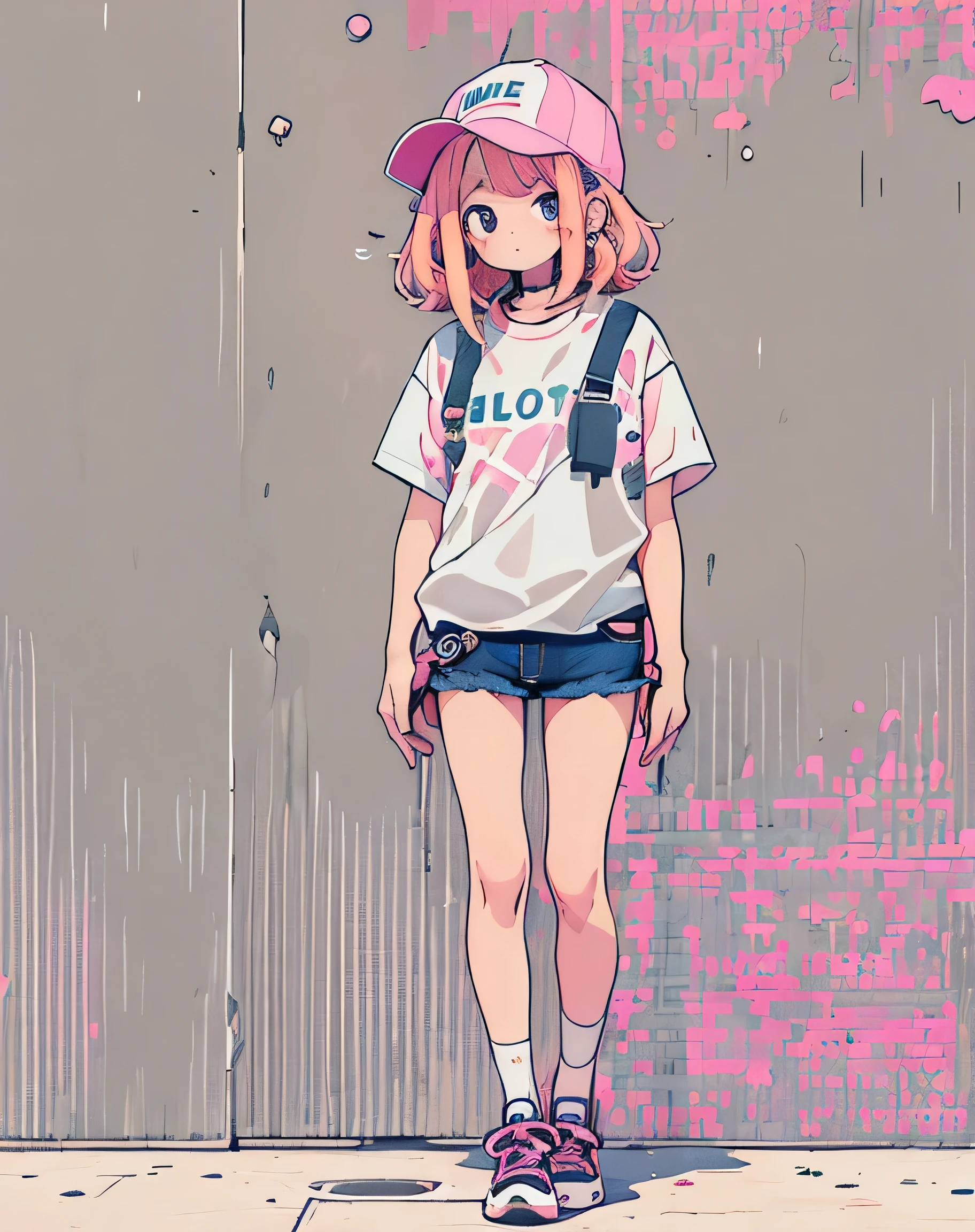 masterpiece,1 girl,alone,(((cutest girl ever)))、bob hair,pink hair,Fashionable T-shirts,mob cap, street,put your hands on your hips, put one&#39;Hand in hand&#39;pocket of,