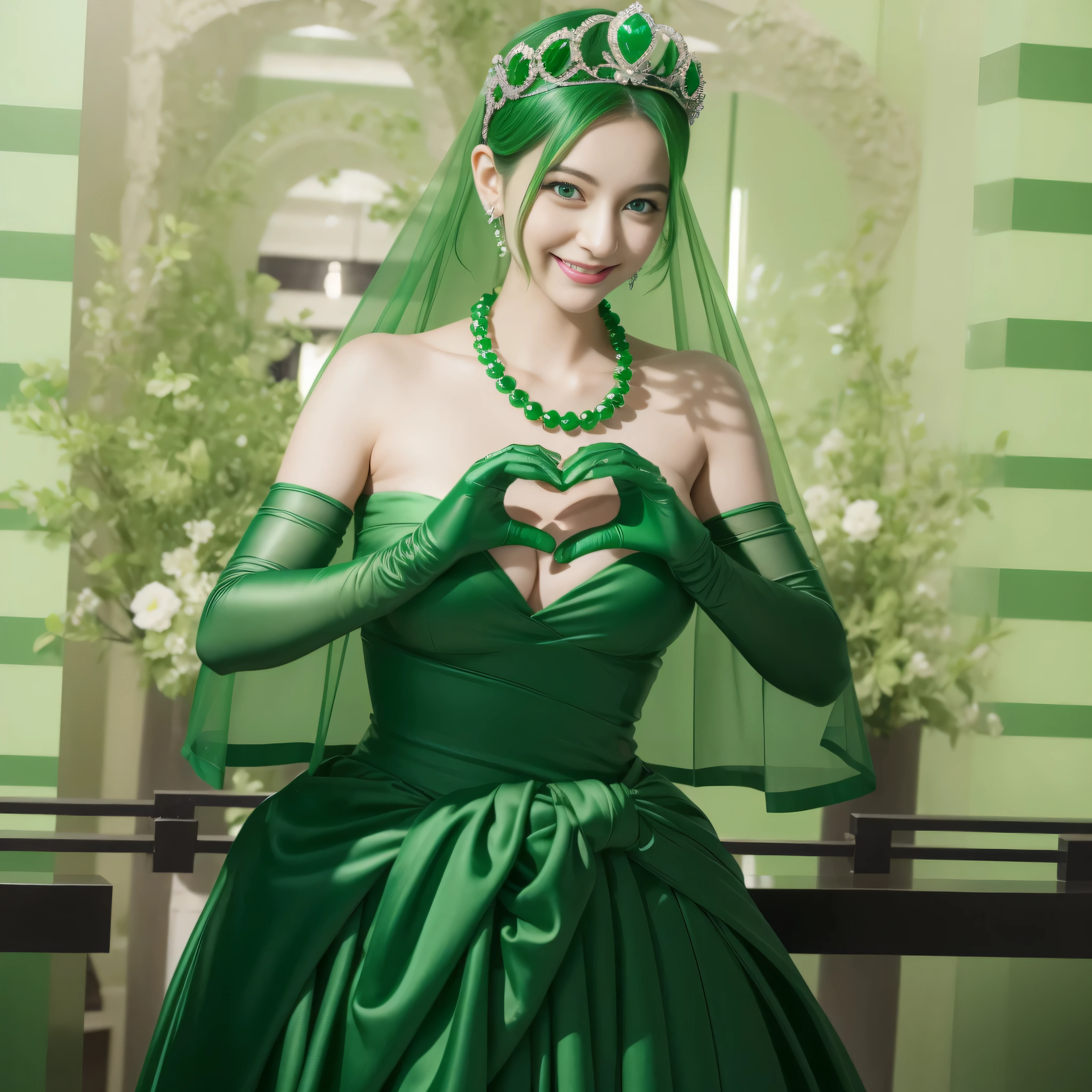 emerald tiara, Green Pearl Necklace, ボーイッシュな非常に短いgreen hair, green lips, Smiling Japan woman in her 30s, very short hair, Beautiful woman with big breasts, green eyes, green satin long gloves, green eyes, emerald earrings, Green veil, Heart with both hands, green hair, beautiful japanese woman, heart shaped hands:1.3, green lip gloss