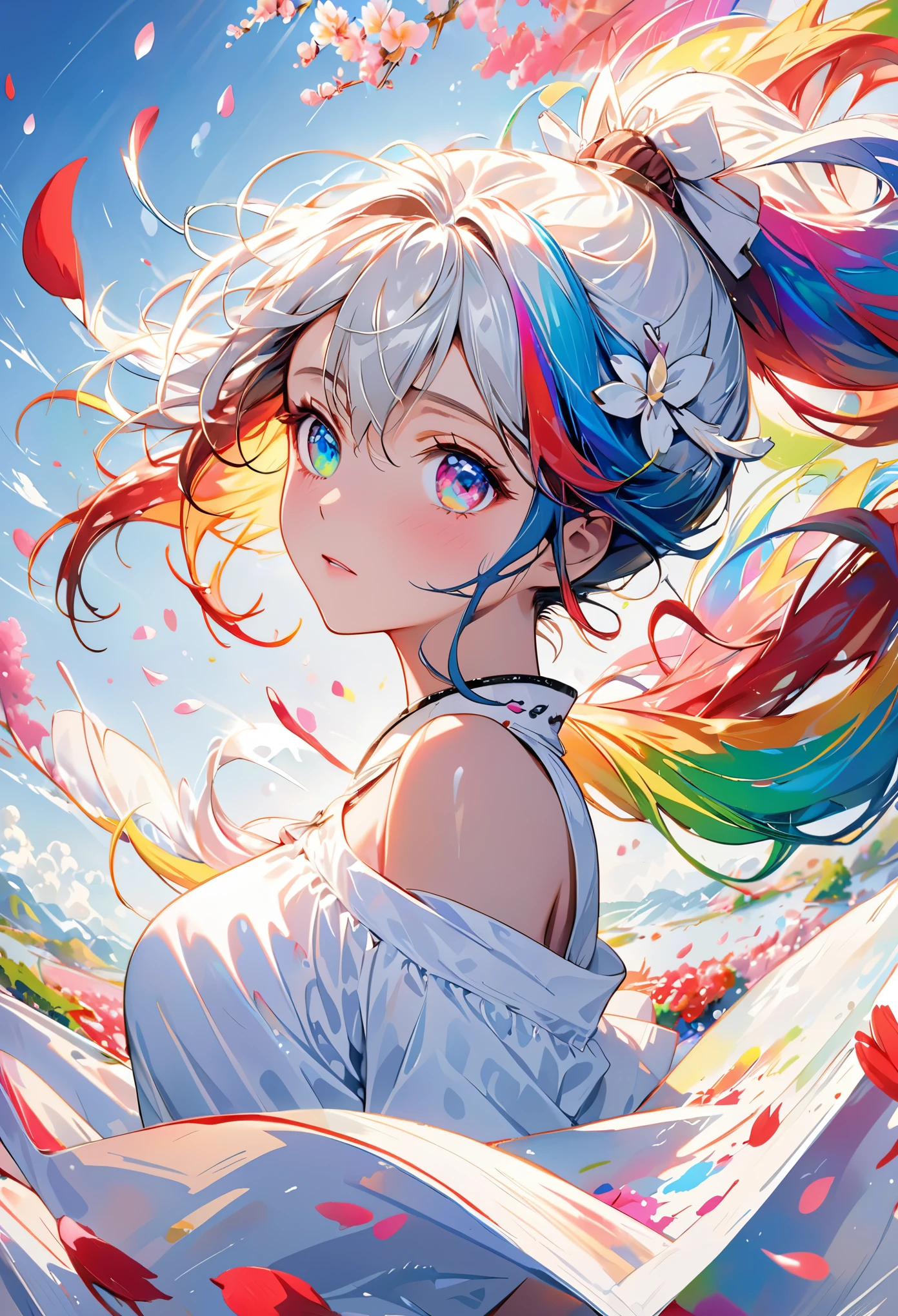 (Pink Fashion T-shirt:1.9),(Colorful hair: 1.8), (all the colours of the rainbow: 1.8),(((((vertical painting:1.6))), (painting:1.6),front, comics, illustrations, paintings, large eyes, crystal clear eyes,( rainbow color gradient high ponytail:1.7), exquisite makeup, closed mouth,(Small Fresh: 1.5),(Wipe Chest: 1.6) ,long eyelashes, white off shoulder T-shirt, White Shoulder Shirt,looking at the audience, large watery eyes, (rainbow colored hair:1.6), color splash, (solo:1.8), color splash, color explosion, thick paint style, messy lines, ((shining)),(colorful), (colorful), (colorful), colorful, Thick Paint Style, (Splash) (Color Splash), Vertical Painting, Upper Body, Paint Splash, Acrylic Pigment, Gradient, Paint, Highest Image Quality, Highest Quality, Masterpiece, Solo, Depth of Field, Face Paint, colorful clothes, (Elegant: 1.2), gorgeous,long hair, wind, (Elegant: 1.3), (Petals: 1.4),(((masterpiece))),(((best quality))),((ultra-detailed)),(illustration),(dynamic angle),((floating)),(paint),((disheveled hair)),(solo),(1girl) , (((detailed anima face))),((beautiful detailed face)),collar,bare shoulders,white hair, ((colorful hair)),((streaked hair)),beautiful detailed eyes,(Gradient color eyes),(((colorful eyes))),(((colorful background))),(((high saturation))),(((surrounded by colorful splashes))),
information