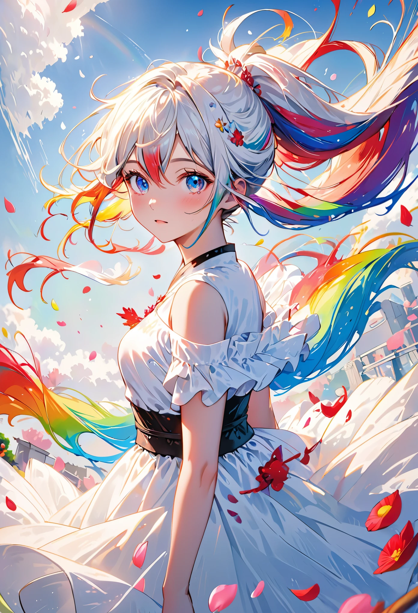 （Pink Fashion T-shirt：1.9），(Colorful hair: 1.8), (all the colours of the rainbow: 1.8),(((((vertical painting：1.6))), （painting：1.6），front, comics, illustrations, paintings, large eyes, crystal clear eyes,（ rainbow color gradient high ponytail：1.7）, exquisite makeup, closed mouth,(Small Fresh: 1.5),(Wipe Chest: 1.6) ，long eyelashes, white off shoulder T-shirt, White Shoulder Shirt，looking at the audience, large watery eyes, (rainbow colored hair：1.6), color splash, （solo：1.8）, color splash, color explosion, thick paint style, messy lines, ((shining))，(colorful), (colorful), (colorful), colorful, Thick Paint Style, (Splash) (Color Splash), Vertical Painting, Upper Body, Paint Splash, Acrylic Pigment, Gradient, Paint, Highest Image Quality, Highest Quality, Masterpiece, Solo, Depth of Field, Face Paint, colorful clothes, (Elegant: 1.2), gorgeous,long hair, wind, (Elegant: 1.3), (Petals: 1.4)，(((masterpiece))),(((best quality))),((ultra-detailed)),(illustration),(dynamic angle),((floating)),(paint),((disheveled hair)),(solo),(1girl) , (((detailed anima face))),((beautiful detailed face)),collar,bare shoulders,white hair, ((colorful hair)),((streaked hair)),beautiful detailed eyes,(Gradient color eyes),(((colorful eyes))),(((colorful background))),(((high saturation))),(((surrounded by colorful splashes))),
information
