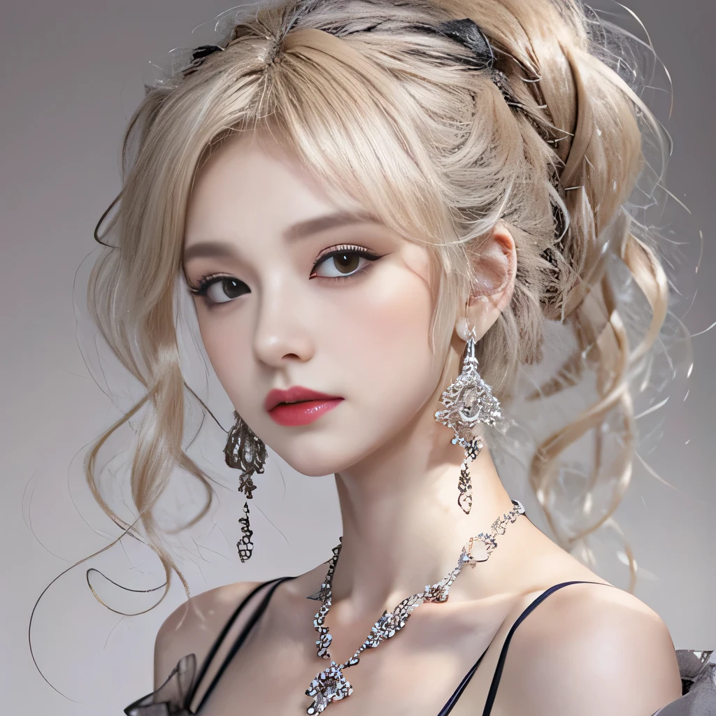 8k）、（best image quality:1.5）、gray background、close up of face、１girl、masterpiece、delicate and sharp eyes、brown eyes、eye power、delicate face、cup、attractive face、platinum blonde hair、Semi-long wave、black wedding dress、black wedding dress、I can see the collarbone、gal、Emphasis on the clavicle、earrings、necklace