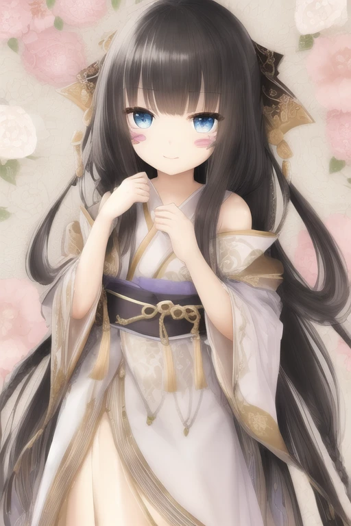 smile, colorless background, , , straight hair, long hair, , black hair, blush stickers, bangs, (beautiful and detailed face), (detailed and beautiful eyes), whole body,kimono dress、luxury fabric、、super delicate、super beauty,long hair、positive、super beauty、kimono dress、