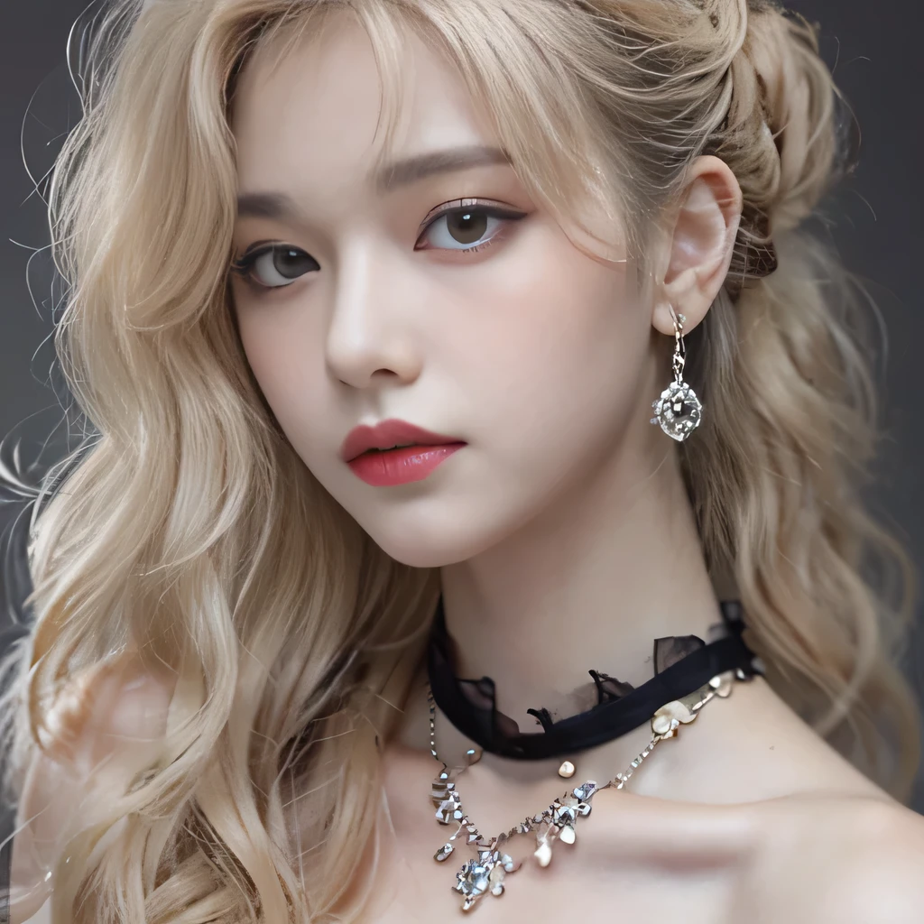 8k)、(best image quality:1.5)、gray background、close up of face、1girl、masterpiece、delicate and sharp eyes、brown eyes、eye power、delicate face、cup、attractive face、platinum blonde hair、Semi-long wave、black wedding dress、black wedding dress、I can see the collarbone、gal、Emphasis on the clavicle、earrings、necklace