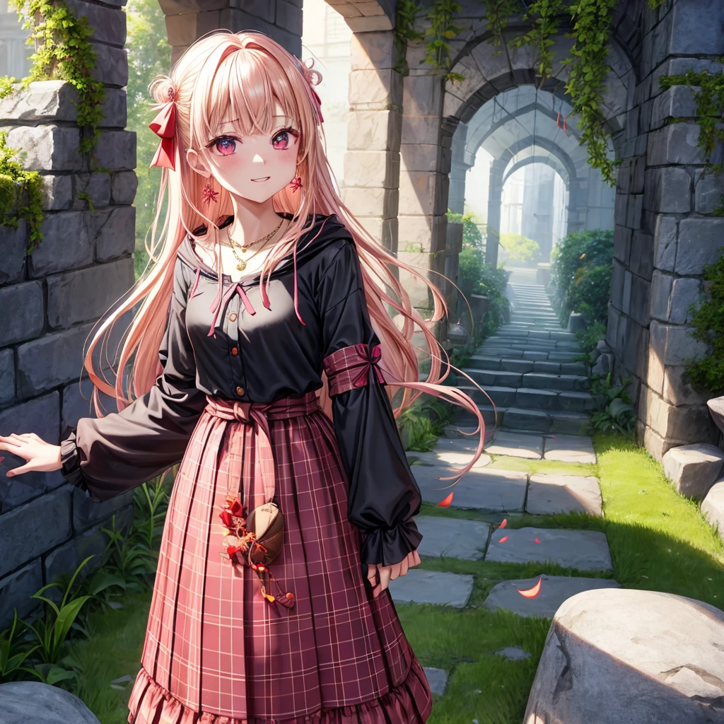 pink blonde、red eyes、one good looking girl、solo、anime、plaid mini skirt、the skirt has buttons、black camisole、black t-shirt、dress、wearing a ribbon、ribbon at waist、cloak、hood、stone slabs are piled up、crystal earrings、monster castle、jewelry necklace、Light and shadow、walking、tunnel、clock、Stuck in the wall、universe、fern plants、petal、tilting one&#39;s face、teeth are visible、Red carpet、door of the future、spiral stage、fire spirit