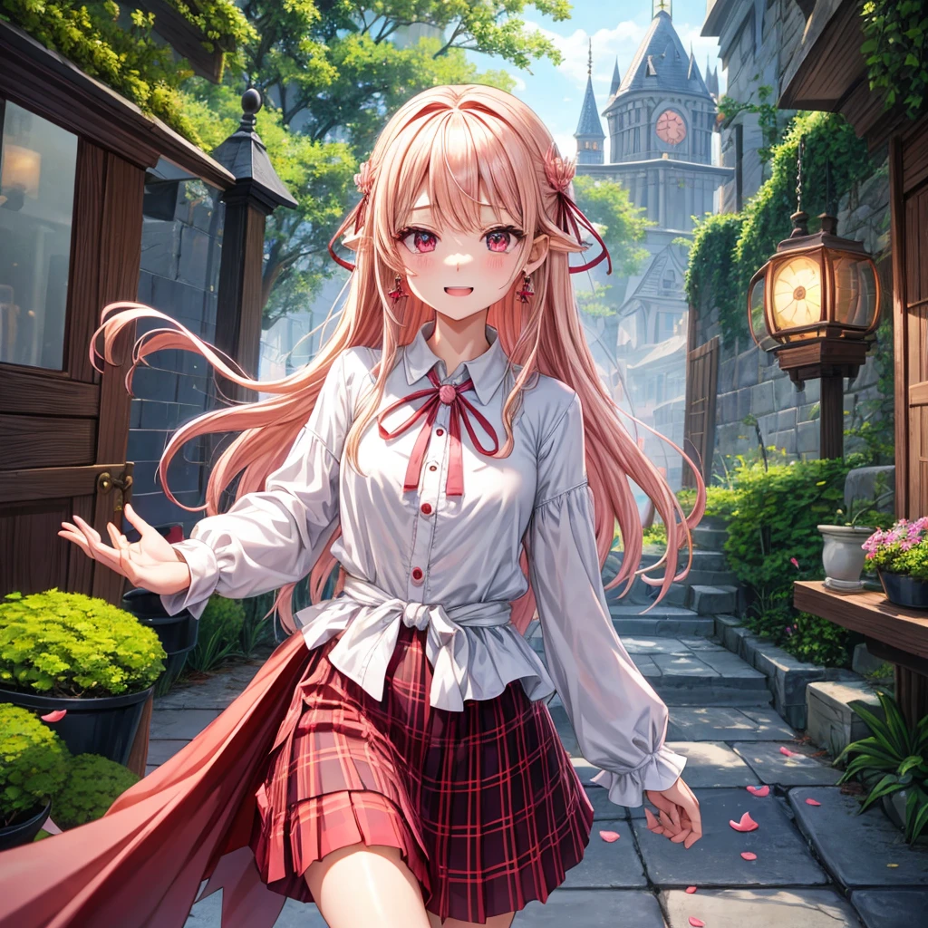 pink blonde、red eyes、one good looking girl、solo、anime、plaid mini skirt、the skirt has buttons、black camisole、black t-shirt、dress、wearing a ribbon、ribbon at waist、cloak、hood、stone slabs are piled up、crystal earrings、monster castle、jewelry necklace、Light and shadow、walking、tunnel、clock、Stuck in the wall、universe、fern plants、petal、tilting one's face、teeth are visible、Red carpet、door of the future、spiral stage、fire spirit