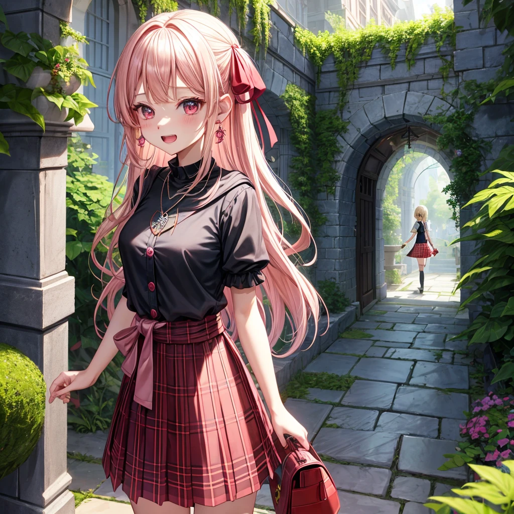pink blonde、red eyes、one good looking girl、solo、anime、plaid mini skirt、the skirt has buttons、black camisole、black t-shirt、dress、wearing a ribbon、ribbon at waist、cloak、hood、stone slabs are piled up、crystal earrings、monster castle、jewelry necklace、Light and shadow、walking、tunnel、clock、Stuck in the wall、universe、fern plants、petal、tilting one&#39;s face、teeth are visible、Red carpet、door of the future、spiral stage、fire spirit